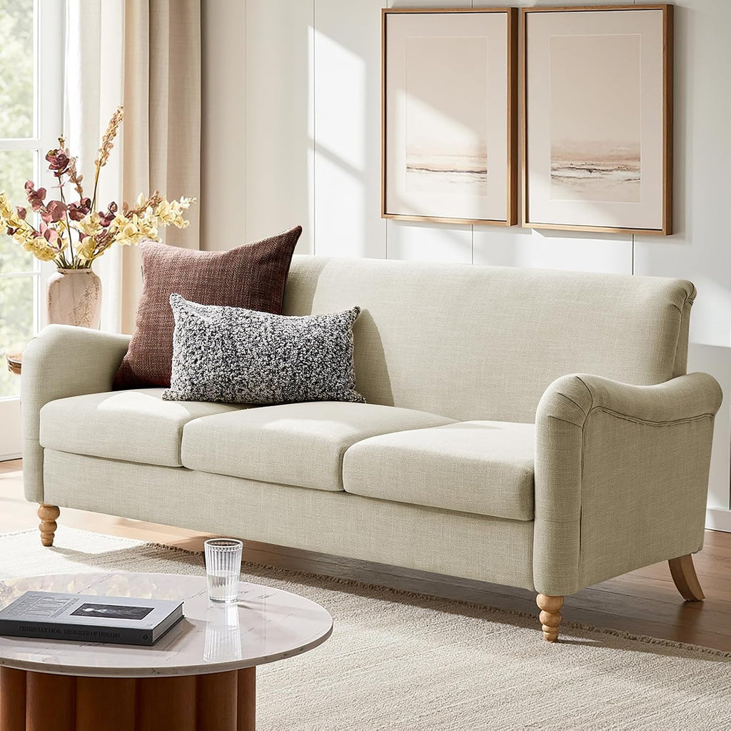 HULALA HOME Farmhouse Curved Couch with Solid Wood Spindle Legs, 3 Seater Sofa with Rolled Wide Armrests, Comfy Upholstered Sofa for Living Room Bedroom, Linen