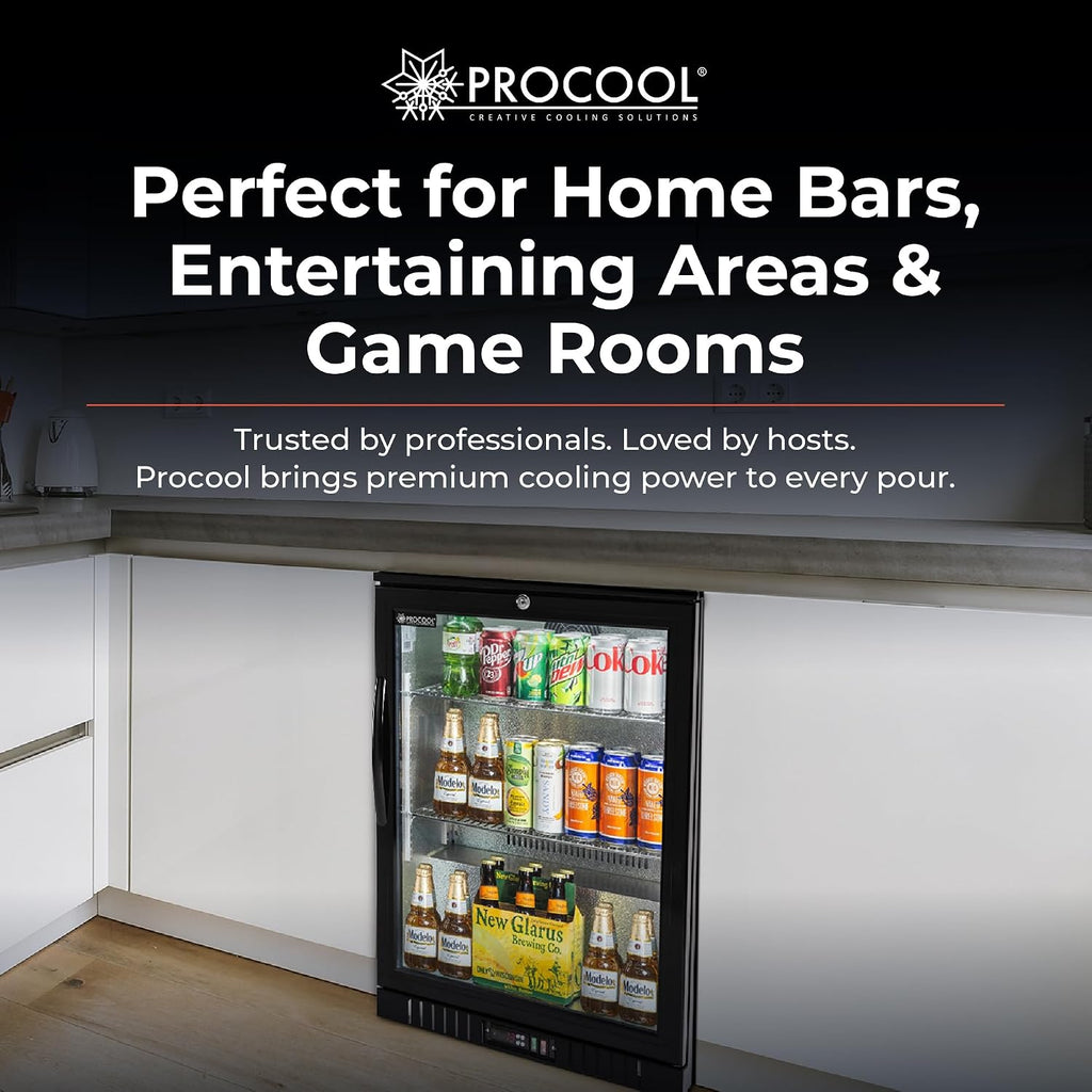 Procool 1-Door Undercounter Refrigerator - 33' Tall Energy Efficient Black Beverage Cooler With Glass Door & White LED Lights - Residential Beverage Refrigerator For Entertaining Spaces & Home Bars