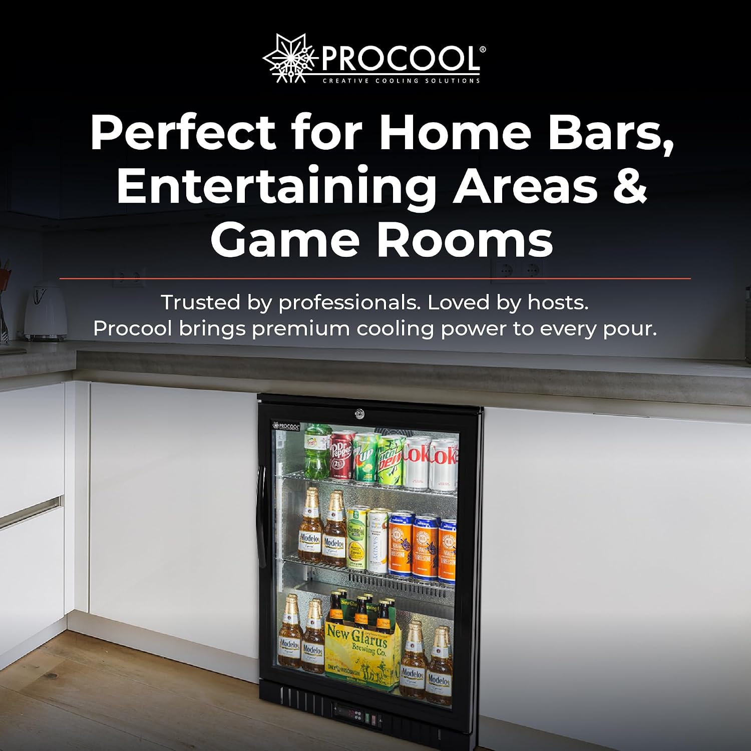 Procool 1-Door Undercounter Refrigerator - 33' Tall Energy Efficient Black Beverage Cooler With Glass Door & White LED Lights - Residential Beverage Refrigerator For Entertaining Spaces & Home Bars