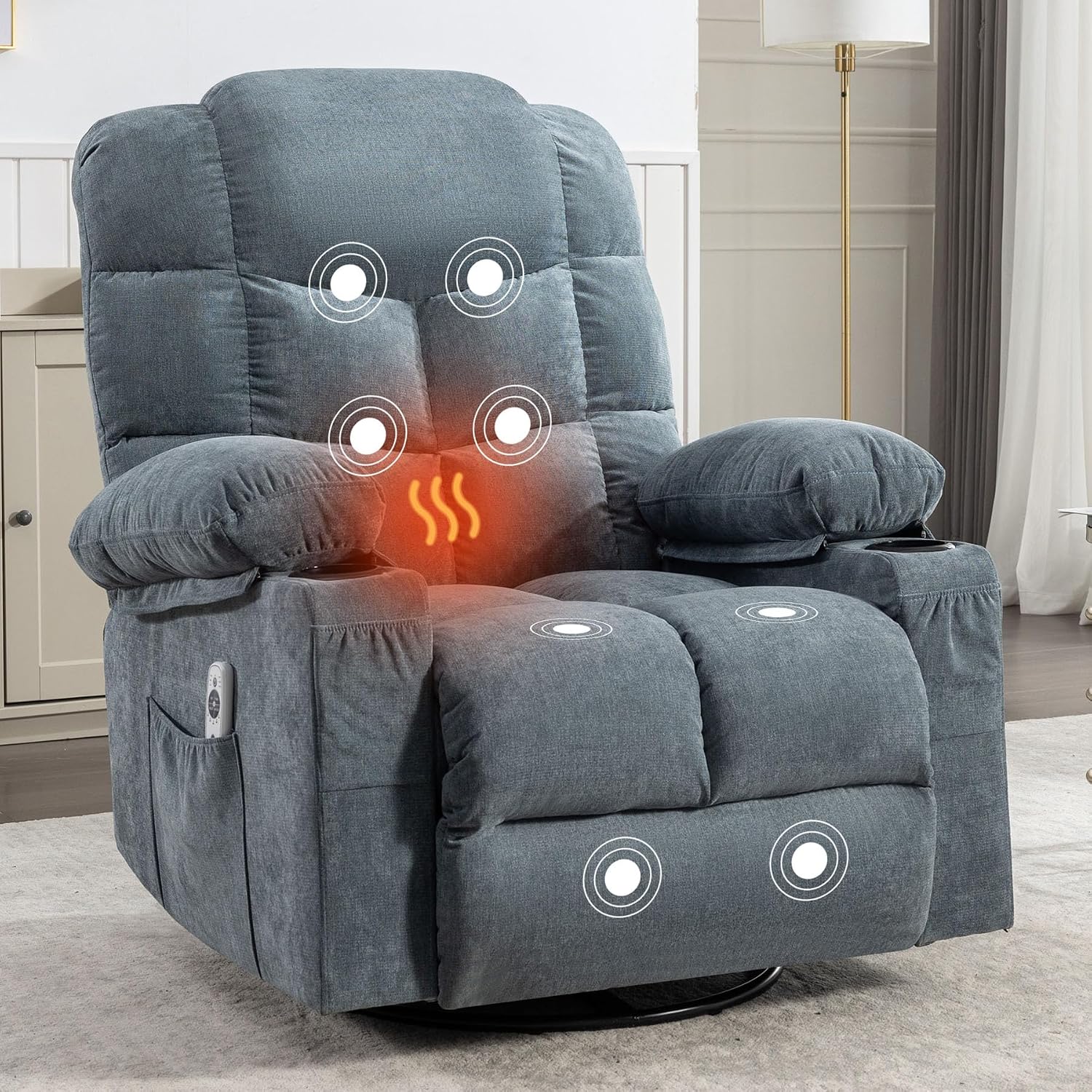 Massage Chair Recliner with Heat&USB,Comfotable Lazy Boy Recliner Chair with Cup Holder&2 Side Pockets,Manual Recliner Chair for Adults,Bread-Shaped,Heavy Duty,Fabric (Blue2)