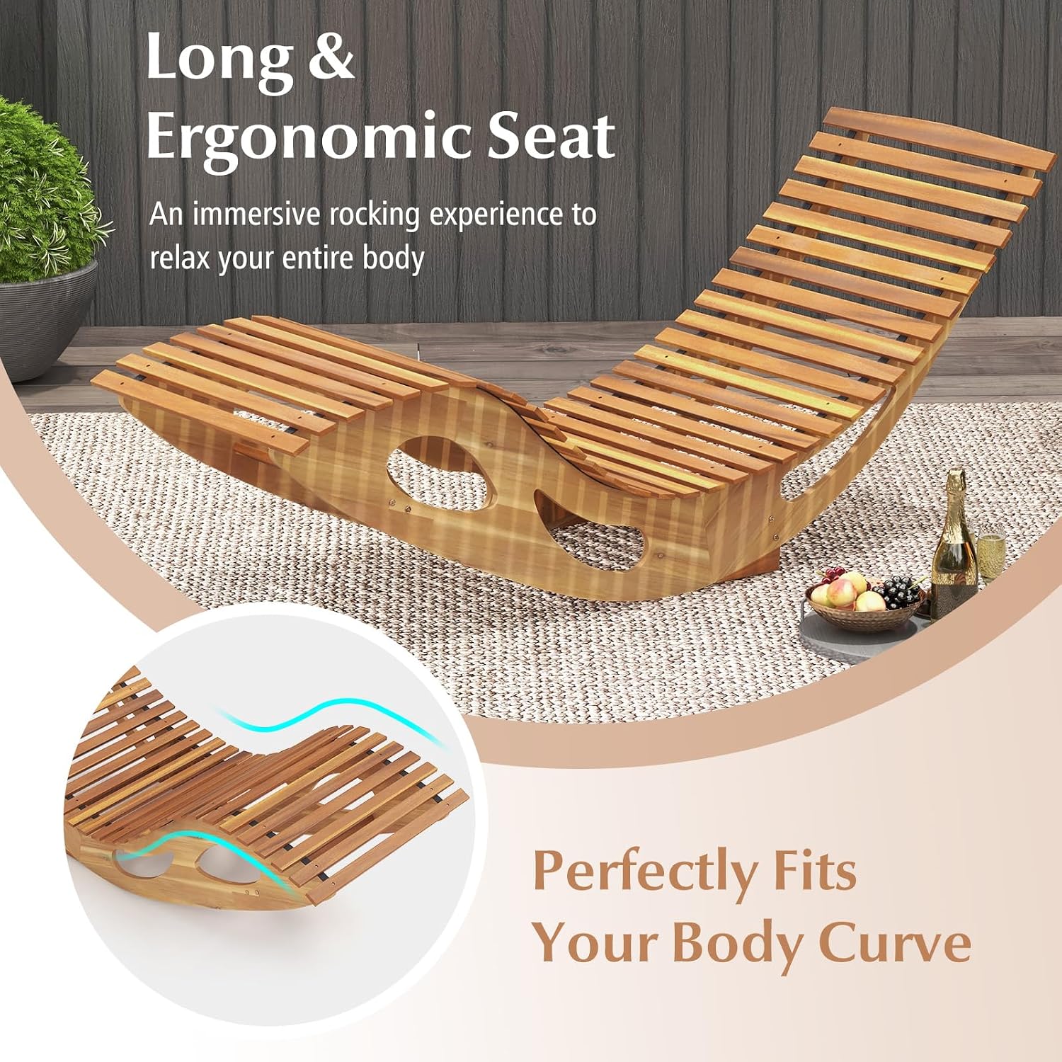 Giantex Acacia Wood Outdoor Rocking Chair, Patio Lounge Chair with Ergonomic Curved & Slatted Seat, High Back, Bottom Stopper, Outside Chaise Lounge, 63'x23.5'x26' Pool Lounger for Porch, Yard (1)