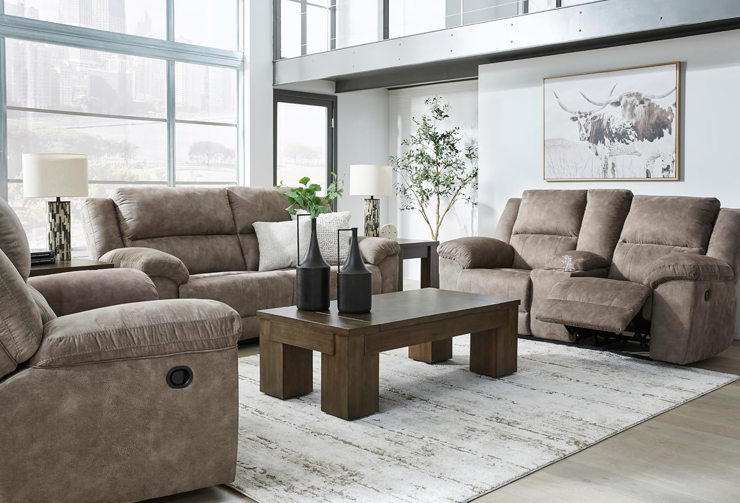Signature Design by Ashley Laresview Contemporary Faux Leather Manual Double Reclining Loveseat with Console, Storage and Cup Holders, Gray