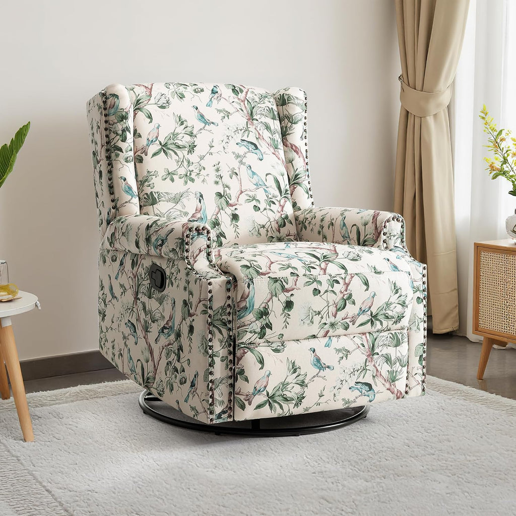 Swivel Rocker Recliner Chair, 360° Swivel Wingback Recliner Chairs for Adults, Upholstered Printed Fabric Glider Rocking Chair with High Back, Deep Seat for Living Romm Bedroom, Bird