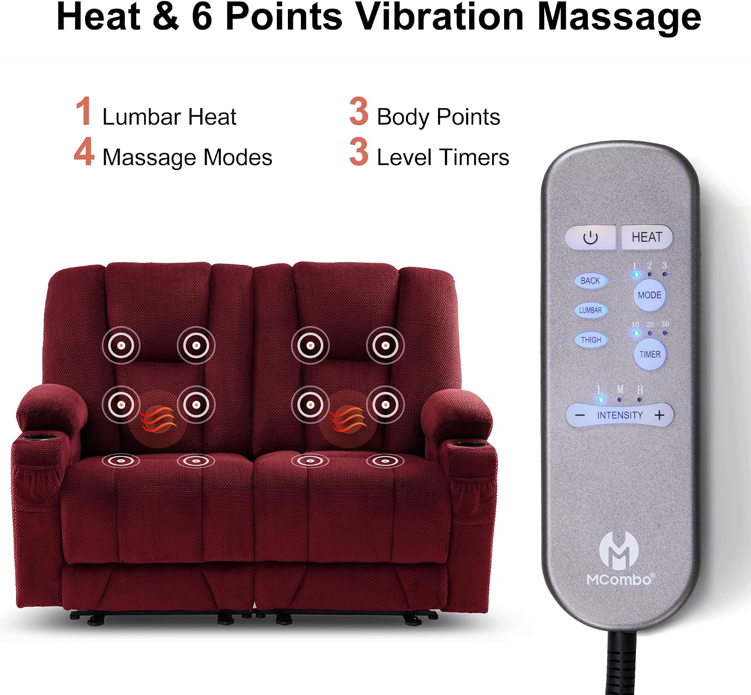MCombo Zero Gravity Power Loveseat Sofa, Heat and Massage, Reclining Loveseat for Living Room, Fabric 6035SET (Burgundy, Loveseat)
