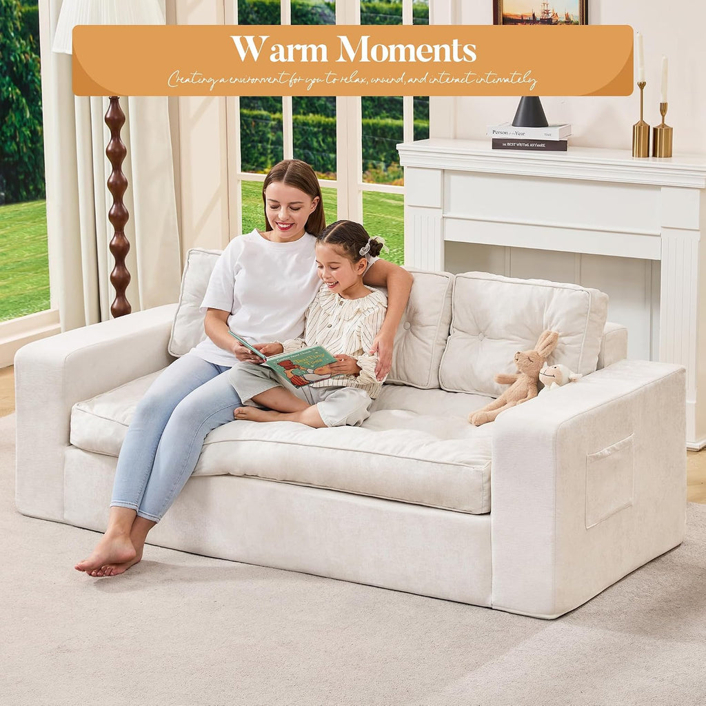 Hobestluk 3-Seater Sofa Boneless Couch with Tufted Button Design 2 in 1 Comfy Cloud Couch Oversized Sofa for Living Room Bedroom Apartment or Office (Beige, 3 Seater)