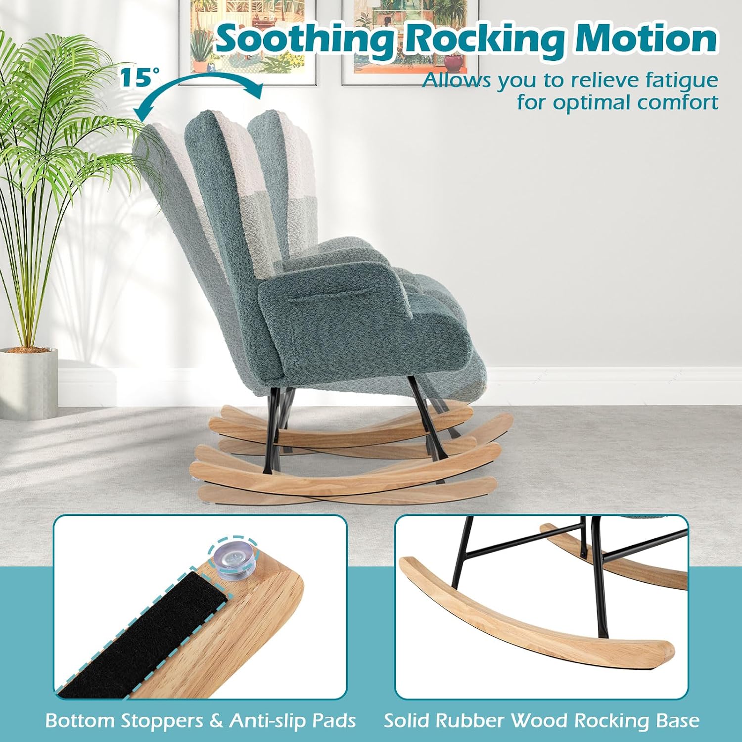 Giantex Rocking Chair Nursery, Boucle Upholstered Glider Rocker w/Ergonomic High Backrest, Rubber Wood Legs & Side Pocket, Striped Modern Accent Chair for Bedroom, Living Room, Offices