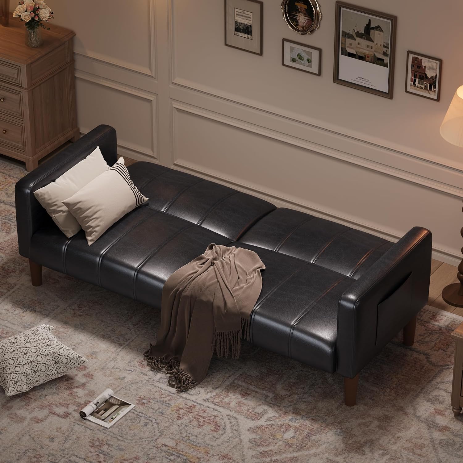 GarveeHome Futon Sofa Bed, 75-Inch Modern Faux Leather Convertible Couch, Mid-Century Loveseat for Small Space, Living Room, Bedroom, Black