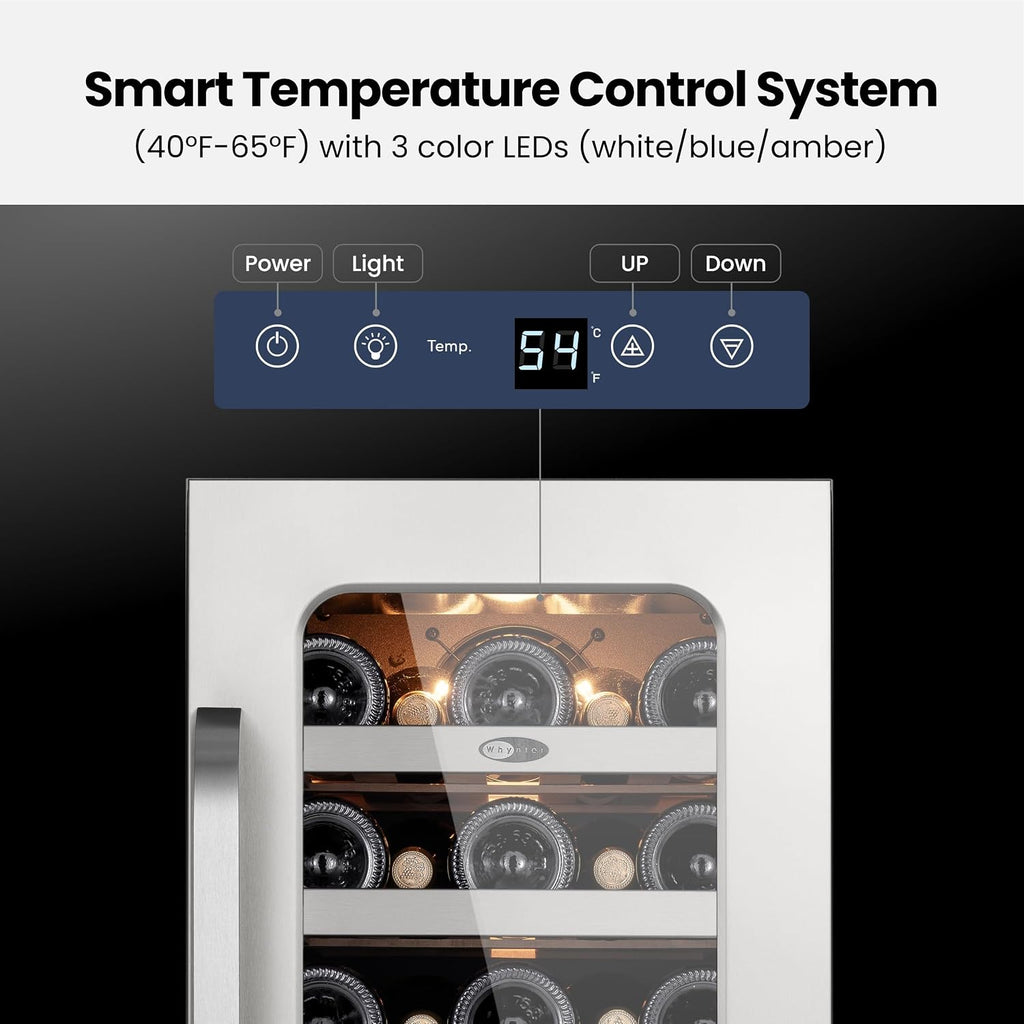 Whynter 33 Bottle Wine Fridge, 15 Inch Wine Cooler Refrigerator Glass Door, 40-65°F Digital Temperature Control, 3 LED Under Counter Built-in or Freestanding for Home Bar Kitchen Office 3.0 cu.ft