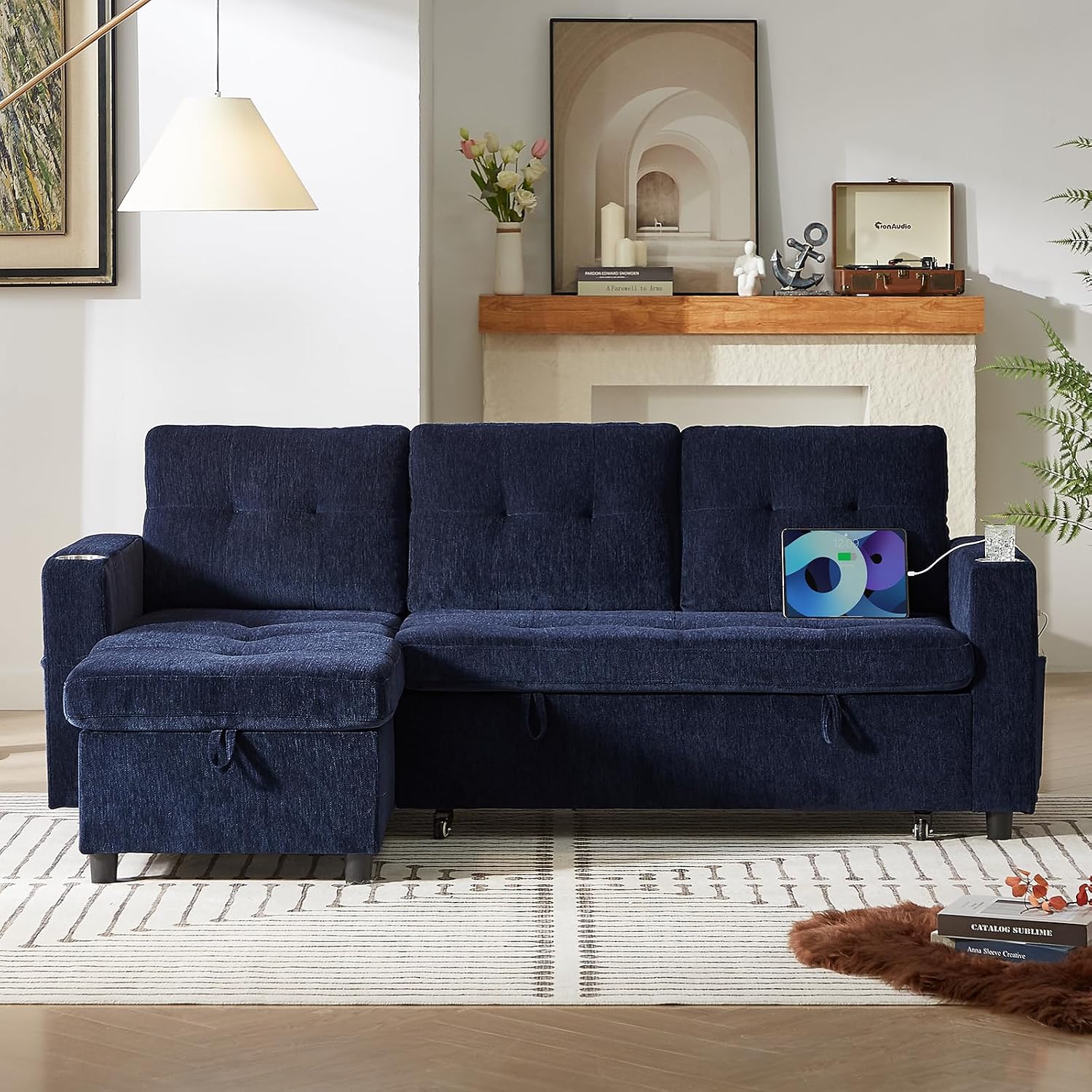 ONBRILL Sleeper Sofa,Pull Out Couch Bed with Storage Chaise,L Shaped Cloud Couch with Adjustable Backrest,Sectional Couches for Living Room,Apartment,Tool-Free Assembly, Chenille,Blue