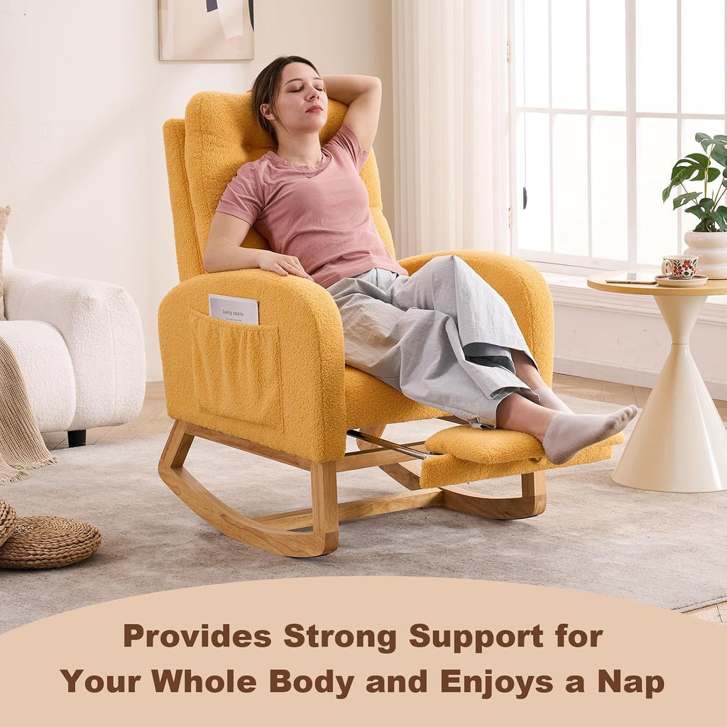 Nursery Rocking Chair,Rubber Wood Base Glider Rocking Chair with Adjustable Footrest and Side Pocket,Teddy Fleece Glider Rocker for Living Room, Bedroom (Teddy Fleece, Yellow)