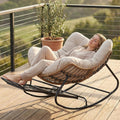 SWITTE Outdoor Papasan Rocking Chair with Footrest, Oversized Patio Egg Chair with Thick Cushion, Indoor Wicker Lounge Rocker Bed for Balcony, Porch, Garden, Beige