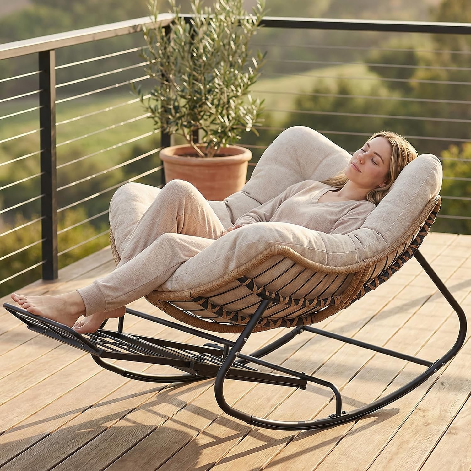 SWITTE Outdoor Papasan Rocking Chair with Footrest, Oversized Patio Egg Chair with Thick Cushion, Indoor Wicker Lounge Rocker Bed for Balcony, Porch, Garden, Beige
