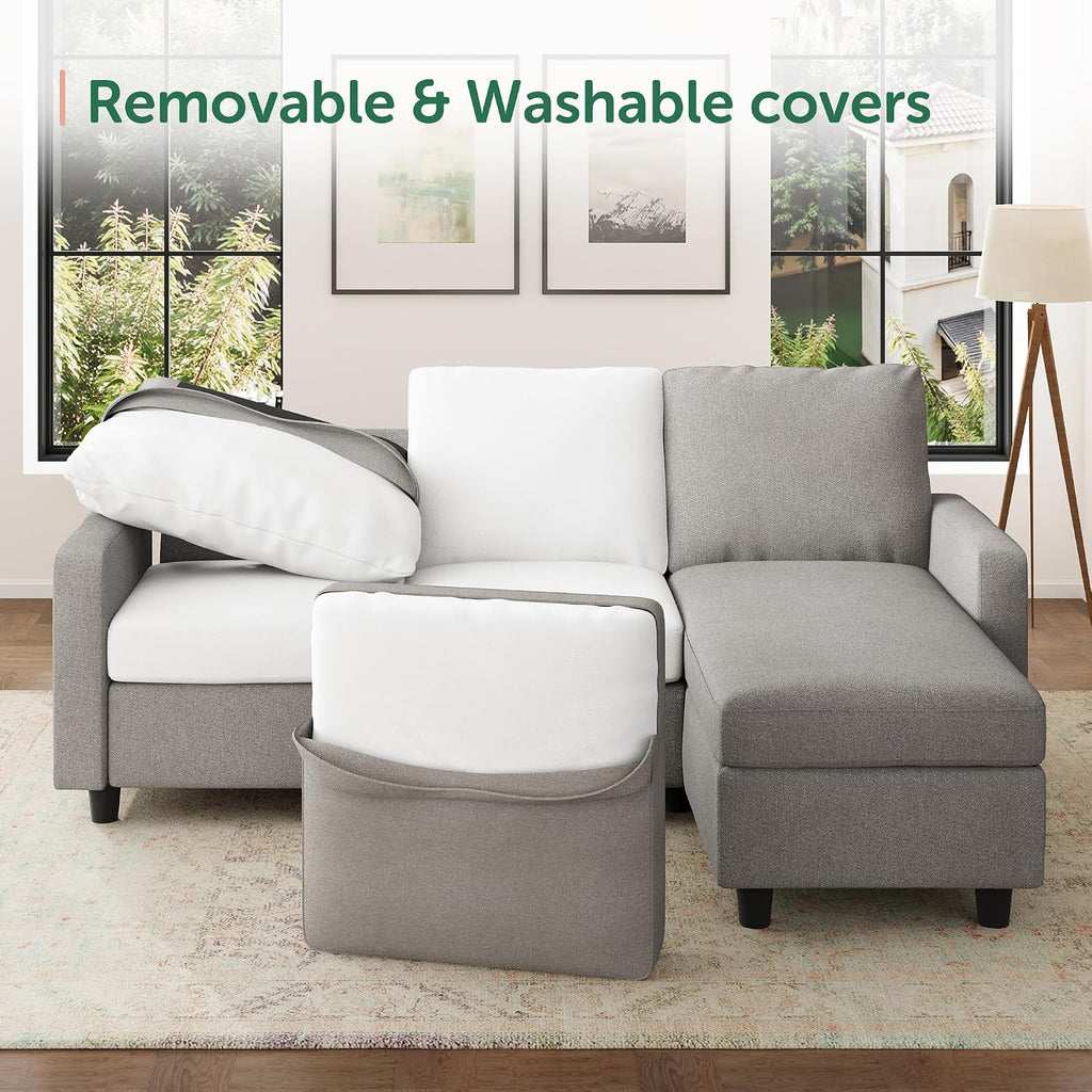 HONBAY Convertible Sectional Sofa, L Shaped Couch with Linen Fabric, Reversible Couch for Small Space, Mid Light Grey
