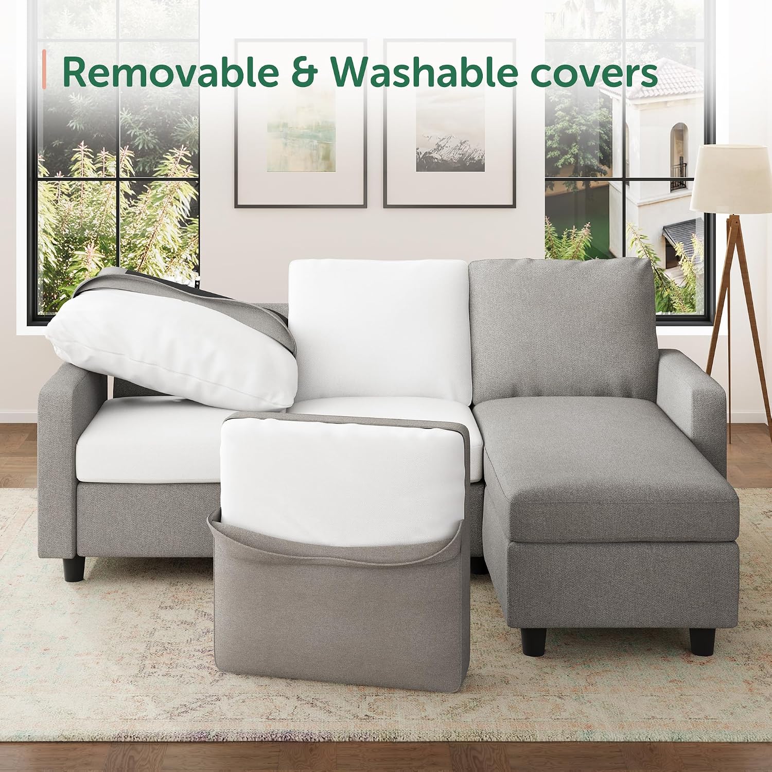 HONBAY Convertible Sectional Sofa, L Shaped Couch with Linen Fabric, Reversible Couch for Small Space, Mid Light Grey