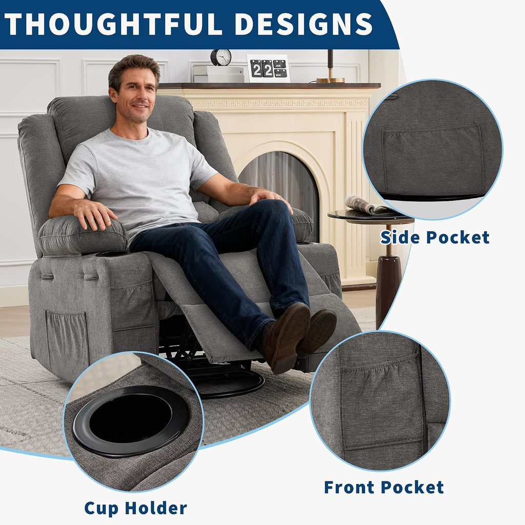 360° Swivel Recliner Chair for Adult, Linen Rocker Chair with 3 Positions/2 Side Pockets/Cup Holders, Manual Nursery Glider Rocking Chair for Bedroom Living Room Office