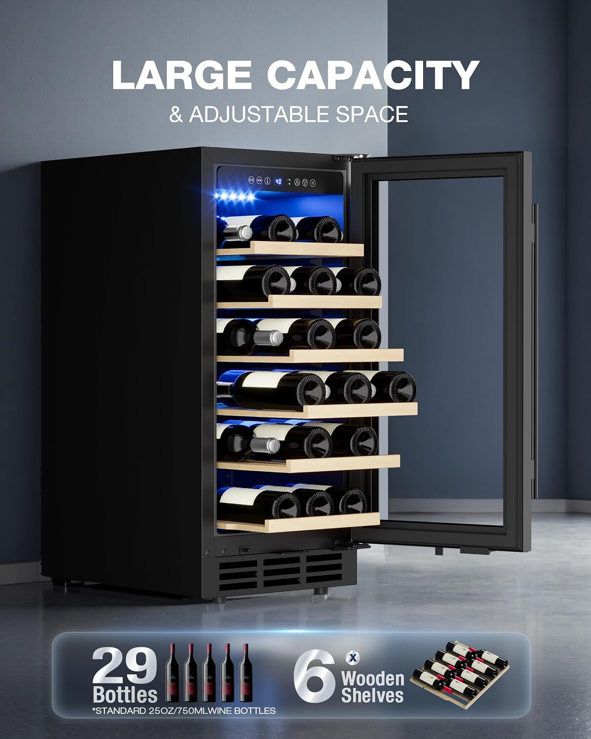 15 Inch Under Counter Wine Fridge, 29 Bottles Wine Cooler Refrigerator with Double-Layer Glass Door, Small Wine Fridge for Built-In or Freestanding with Removable Shelves, for Home, Office (Black)