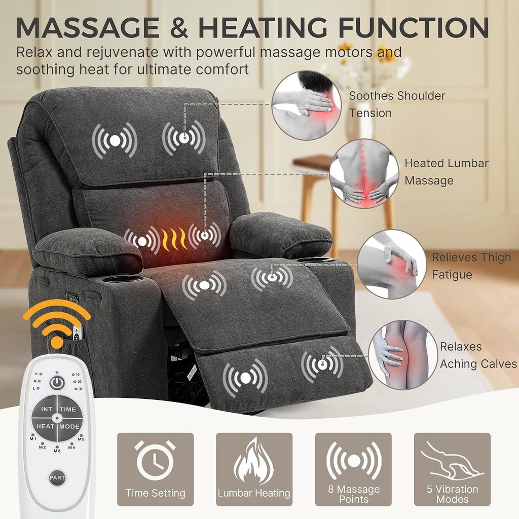 Power Recliner with Rocking, Swivel & Glider - Nursery Chair with One-Touch Button, Vibrating Massage & Heat, USB Charging Ports, Perfect for Nursery, Living Room, or Bedroom Relaxation, Dark Gray