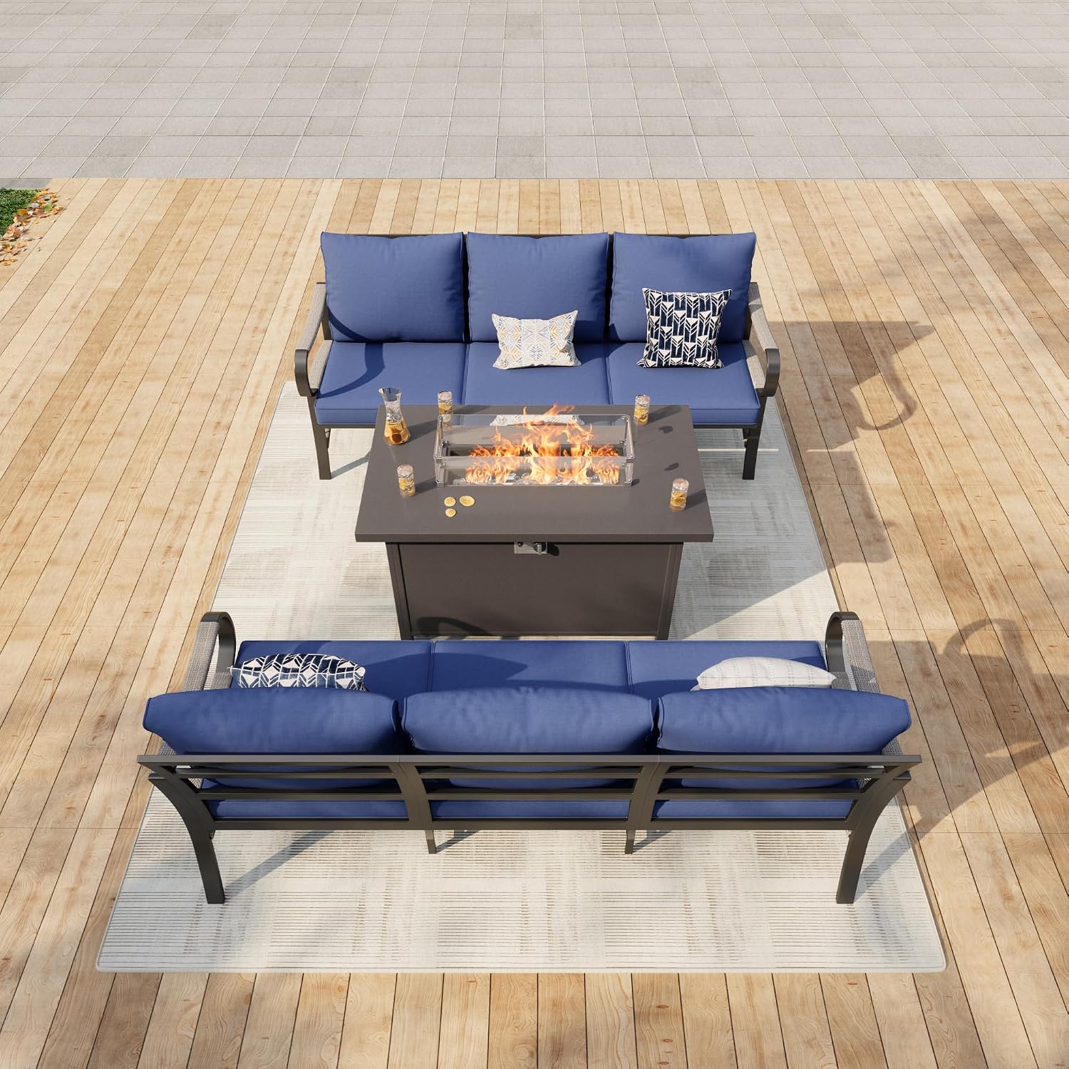 3 Pieces Modern Patio Furniture Set, All Weather Metal Outdoor Conversation Sets with Fire Pit Table for Backyard Garden Deck Porch Poolside, Blue