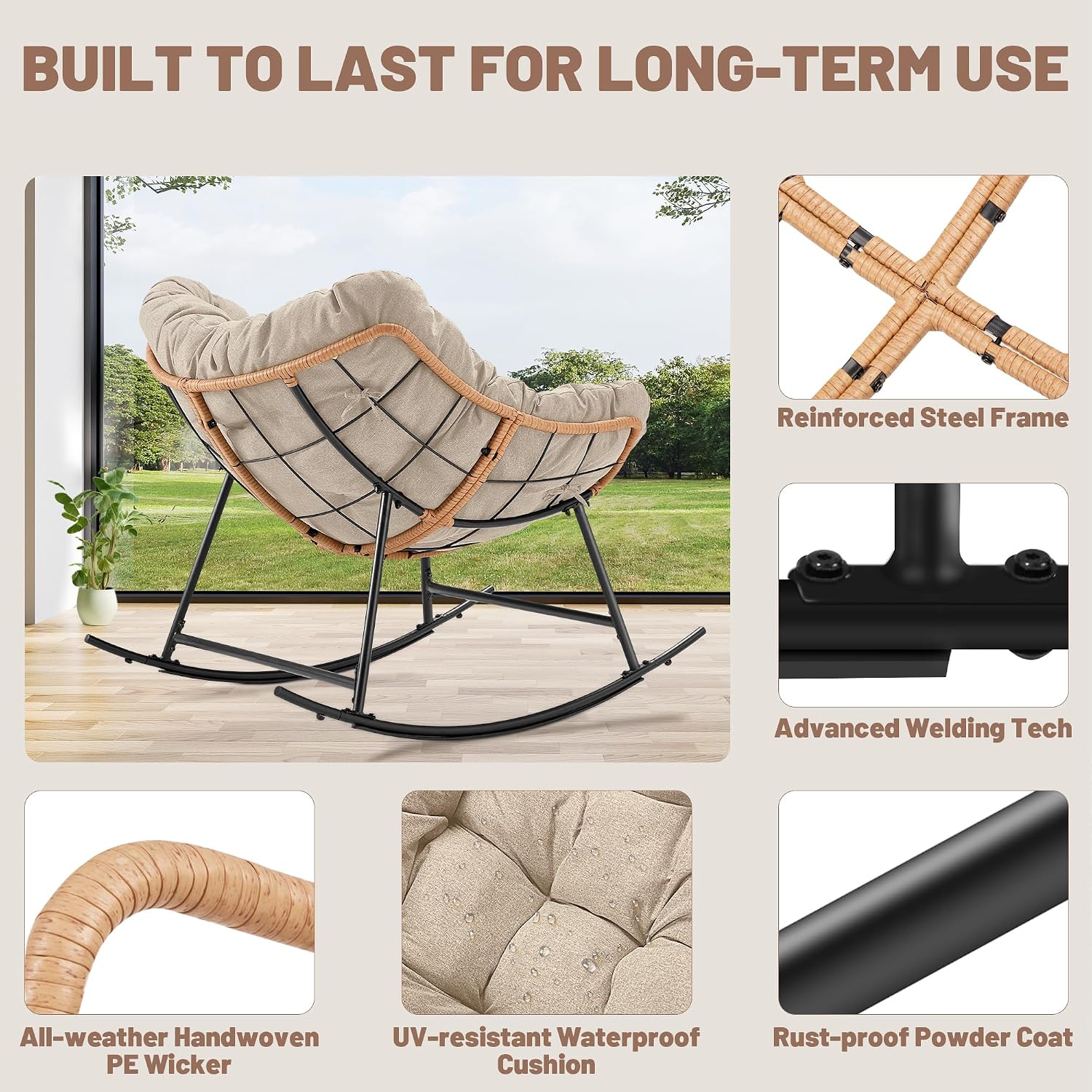 Outdoor Comfy Rocking Chair with Thick Cushion, Rattan Rocker Egg Chair Indoor with Straps, Patio Rocking Chair 450lbs for Garden, Backyard, Balcony, Lawn, Bedroom, Living Room (Beige)