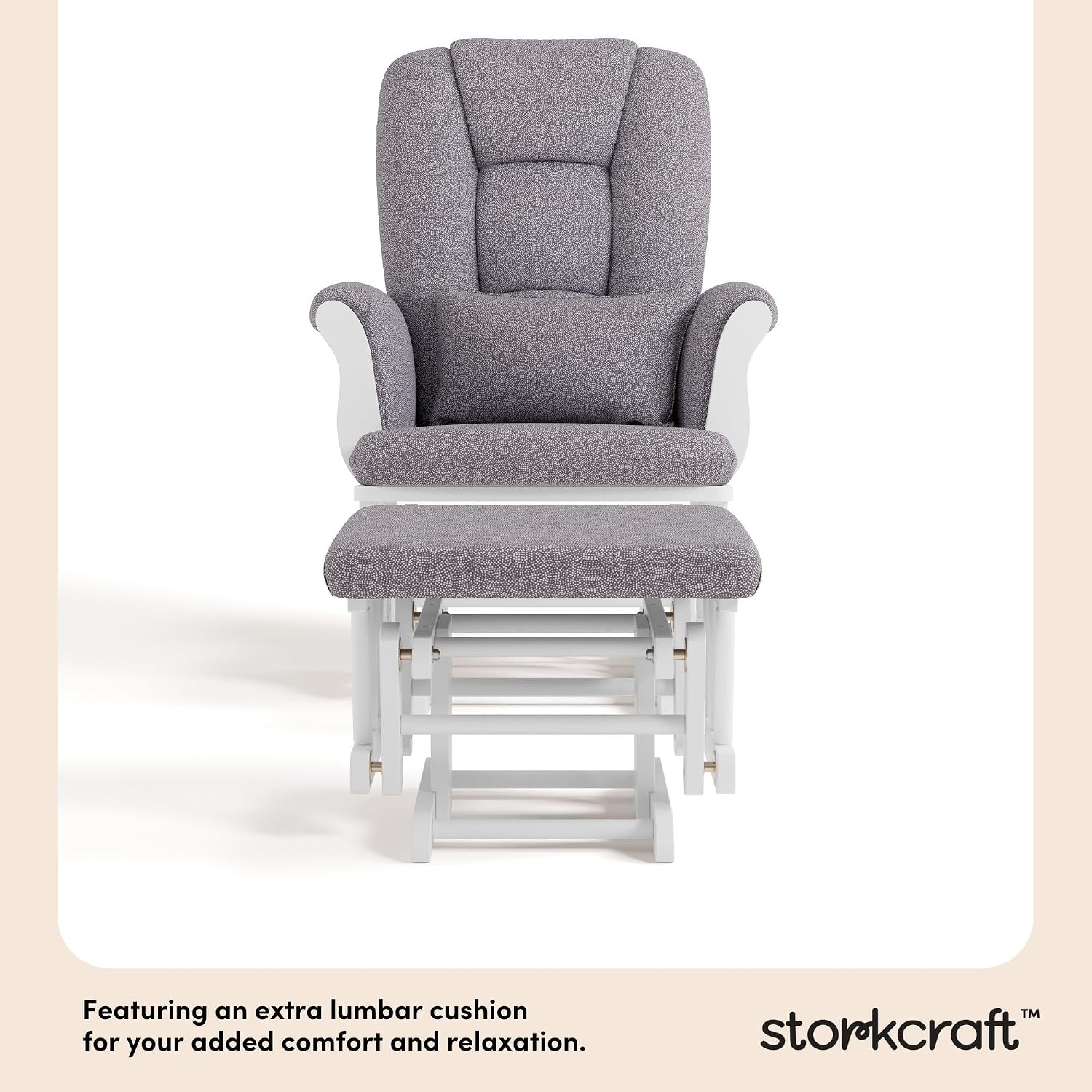 Storkcraft Tuscany Custom Glider and Ottoman with Free Lumbar Pillow (White/Slate Gray Swirl) - Cleanable Upholstered Comfort Rocking Nursery Chair with Ottoman