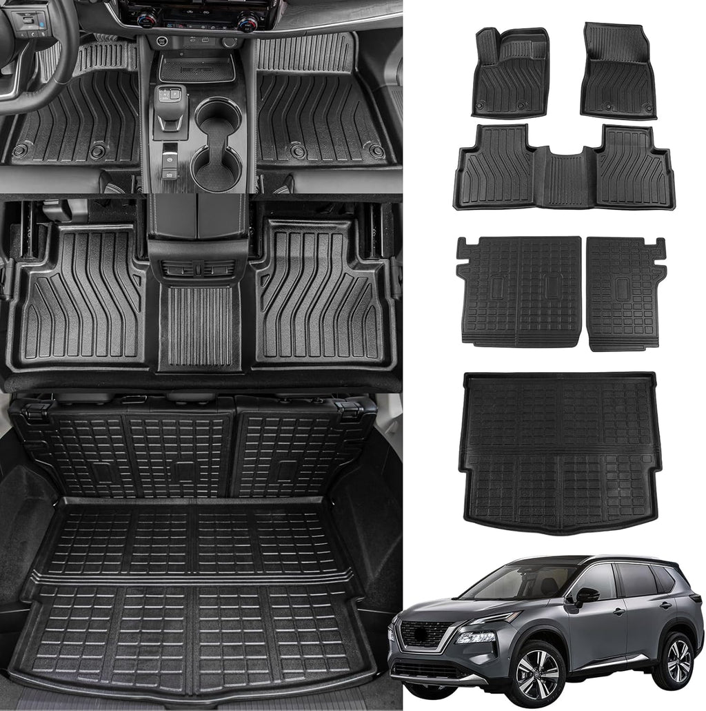Bomely Floor Mats Compatible with 2021-2025 2026 Nissan Rogue Trunk Mat Cargo Liner TPE All Weather Back Seat Cover Protector 2024 Rogue Accessories (Rear Trunk Mat+Backrest Mats+Floor Mats)