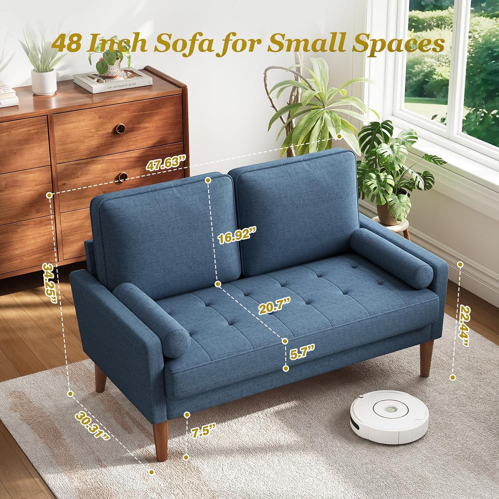 Vesgantti Loveseat Sofa 48' Small Couches for Small Spaces, Love Seat for Living Room, Bedroom, Easy Assembly Mid Century Modern Couch, Navy Blue | Sturdy Wooden Legs