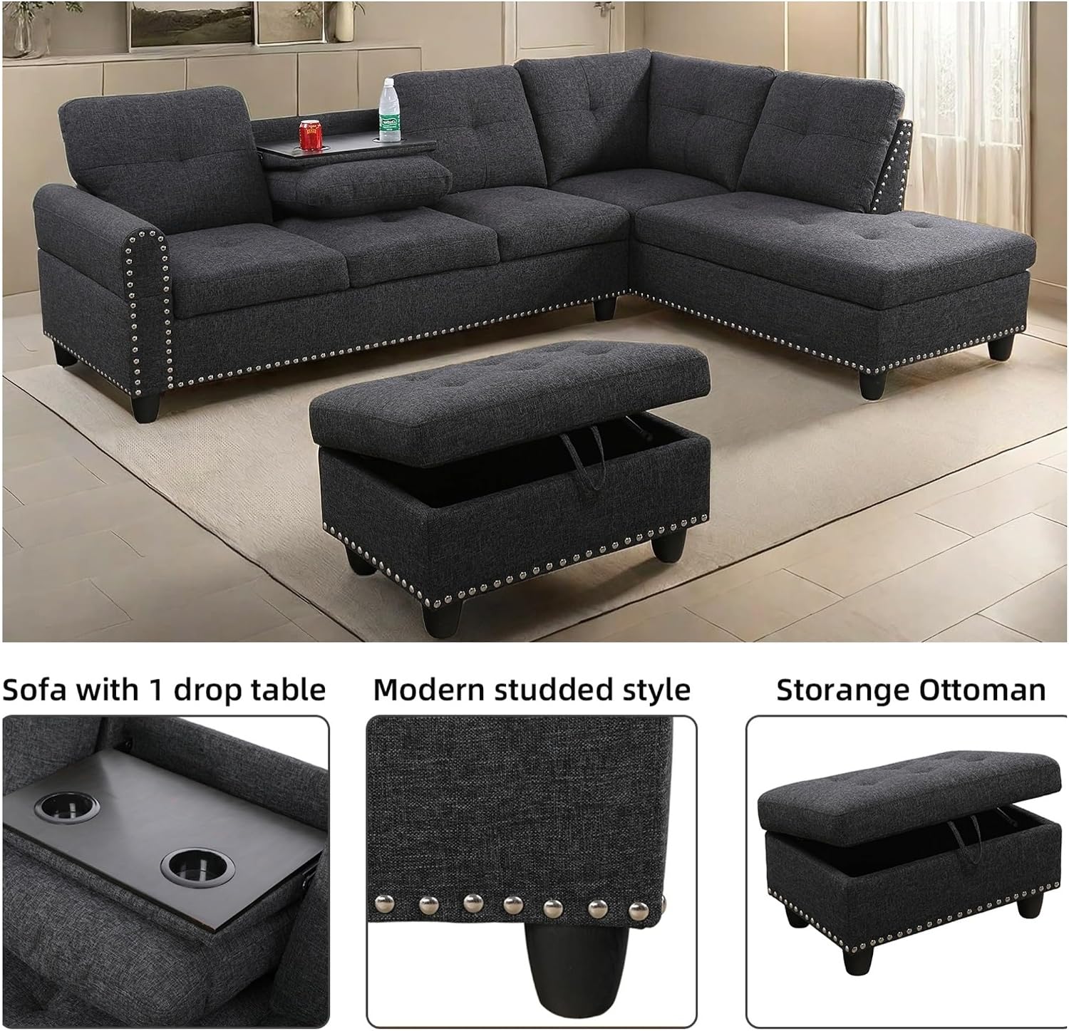 ChicFurnit L Shaped Sectional Couches, Modular Sectional Sofa with Ottoman Storage, Nail-Head Design Lounge Sofa with Reversible Cup Holder for Living Room, Bedroom, Gray