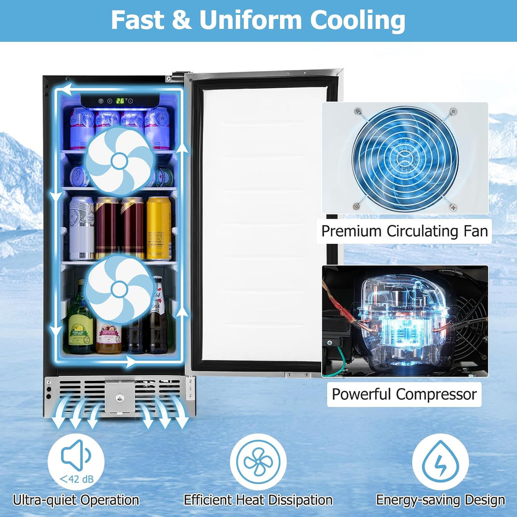 KOTEK 115 Cans Beverage Refrigerator, 32 to 50℉, Under Counter Freestanding Beverage Cooler w/Lockable Stainless Steel Door for Drinks and Food, 2.9 Cu.ft, Mini Beer Fridge for Bedroom, Dorm, Home