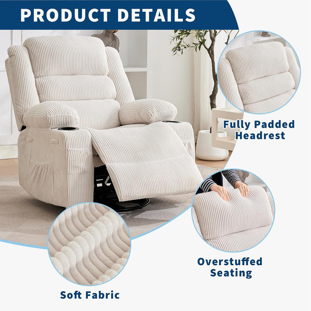 360° Swivel Rocker Recliner Chair for Adults, Rocking Manual Glider Sofa with 3 Positions, 2 Cup Holders, 4 Pockets for Nursery, Living Room, Bedroom, Office, Reading Nook
