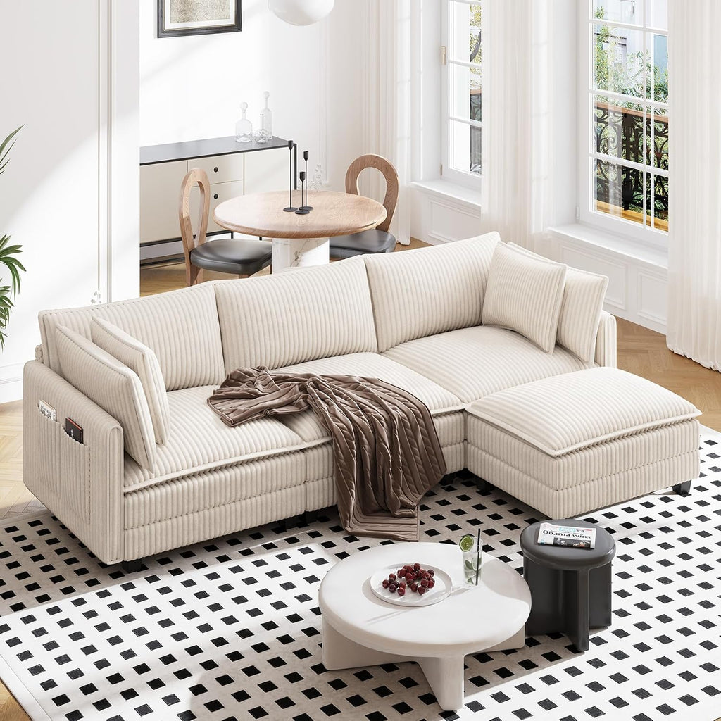 Vesgantti 109' L Shaped Cloud Sectional Couch, Comfy Corduroy Upholstered Modular Couches for Living Room, Modern 3 Seater Sectional Sofa with Ottoman Deep Seat, Beige