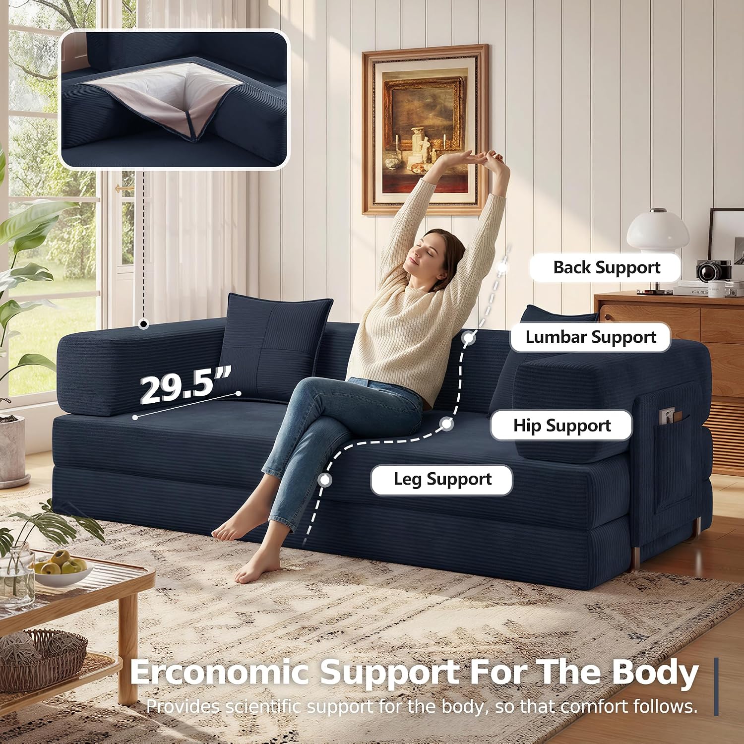 MoonSpeak 78.8''Sleeper Couch Bed for Livingroom,Convertible Modular Sofa with Armrest Pillow,Modular Foldable Corduroy Couches in a Box,No Assembly (Blue)