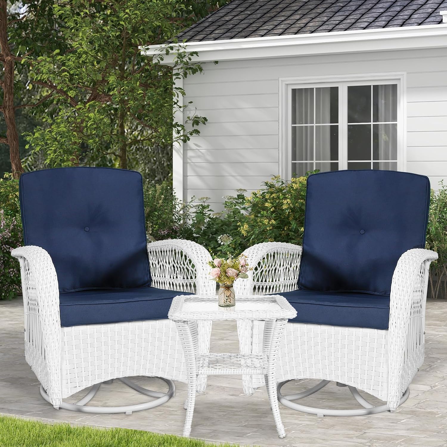 VIVIJASON 3-Piece Patio Conversation Bistro Set, Outdoor Swivel Glider Rocking Chairs Rattan Furniture Set w/ 2 Rattan Chairs, Glass Top Side Table for Porch Backyard, White - Navy Blue