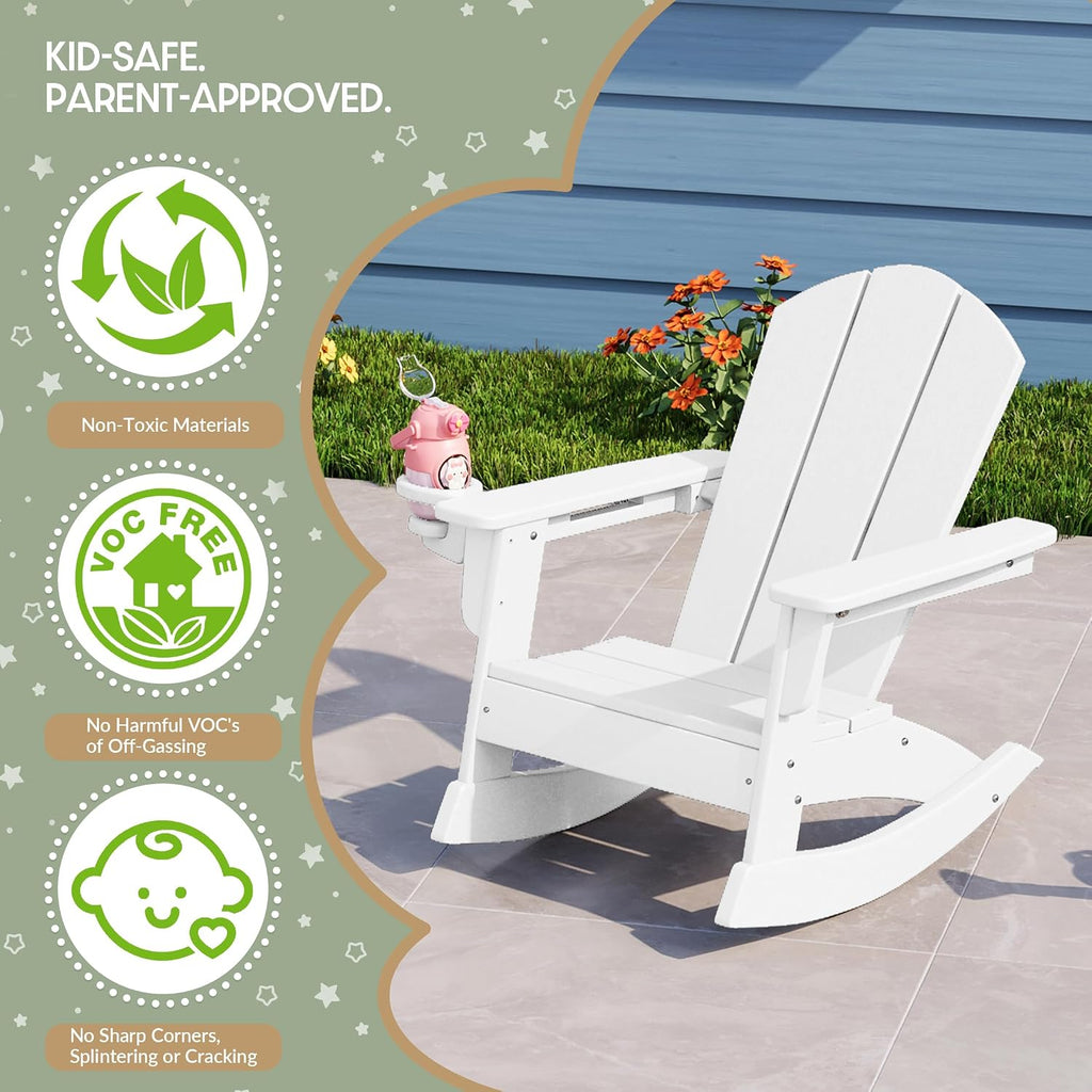 WestinTrends Malibu Outdoor HDPE Plastic Preschool Toddler Classic Adirondack Rocking Chairs (Set of 2), White