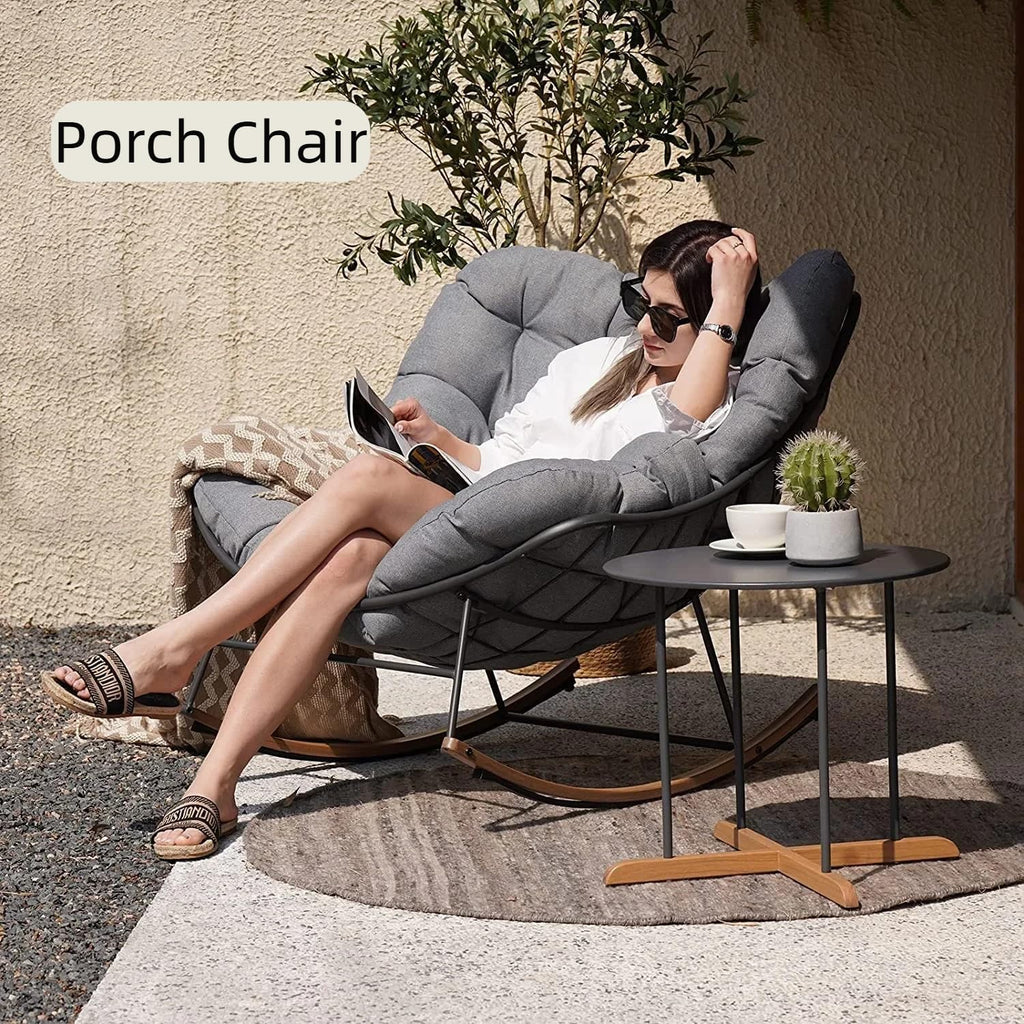 Outdoor Papasan Rocking Chair with Cushion for Patio Porch Balcony, Oversized Cozy Lounge Rocker Chair, All Weather Durable Frame, Comfortable Rocking Chair for Backyard Garden, Gray