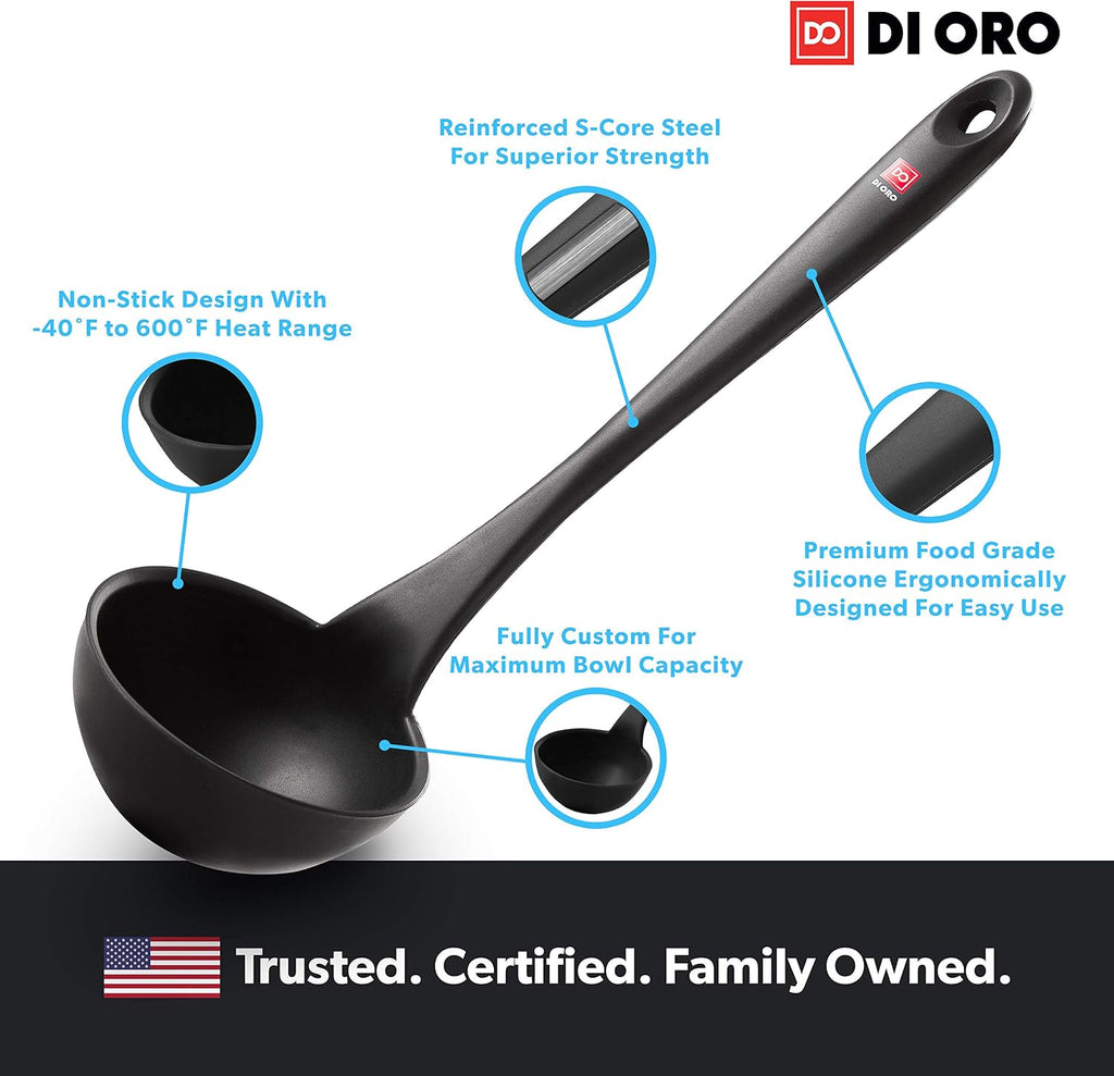 DI ORO 11-Piece Silicone Kitchen Set - 600°F Nonstick Heat-Resistant Utensils - 3 Turners, 5 Seamless Spatulas, 2 Spoons, 1 Ladle - Tools for Cooking & Baking - Dishwasher Safe, Easy to Clean (Black)
