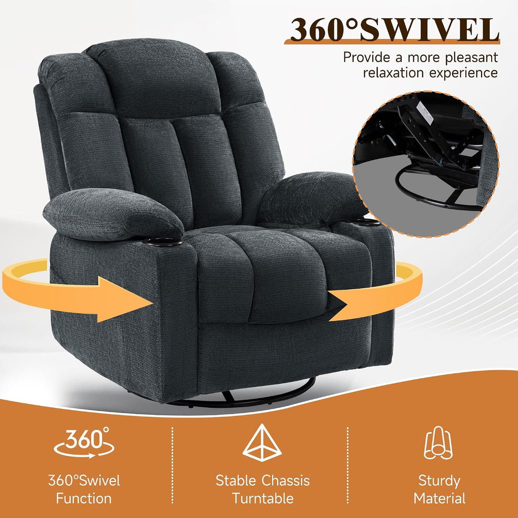 Swivel Rocker Recliner Chair for Adults – Manual Glider Sofa with Massage, Heat & Vibration, 360° Rocking for Living Room (Blue, 30'x30'x40')
