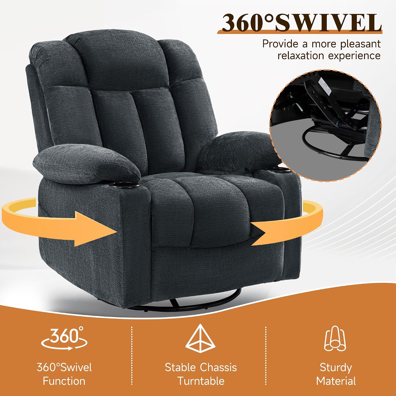 Swivel Rocker Recliner Chair for Adults – Manual Glider Sofa with Massage, Heat & Vibration, 360° Rocking for Living Room (Blue, 30'x30'x40')