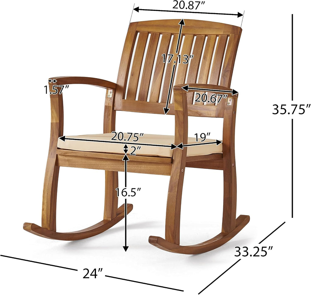 Acacia Wood Outdoor Rocking Chair with Cushions,Weather-Resistant Hardwood & Included Water-Resistant Cushions， Comfortable Slat Back Design for GardenLawn