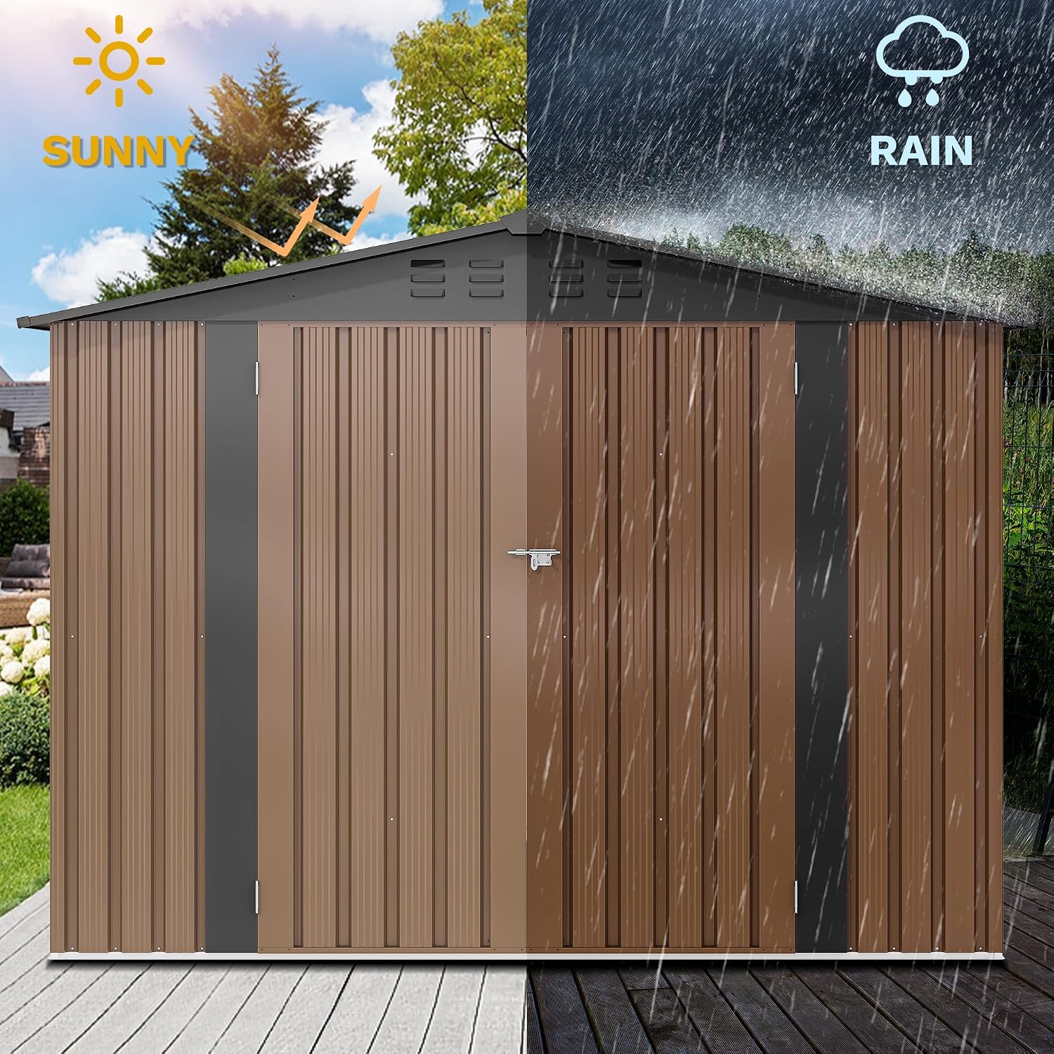 DWVO 7x5FT Outdoor Storage Shelter, Roomy Steel Tool Shed with Secure Entrances & Air Circulation for Patio, Lawn, and Backyard, Ideal for Storing Garden Gear, Lawn Tools, and Bikes, Brown
