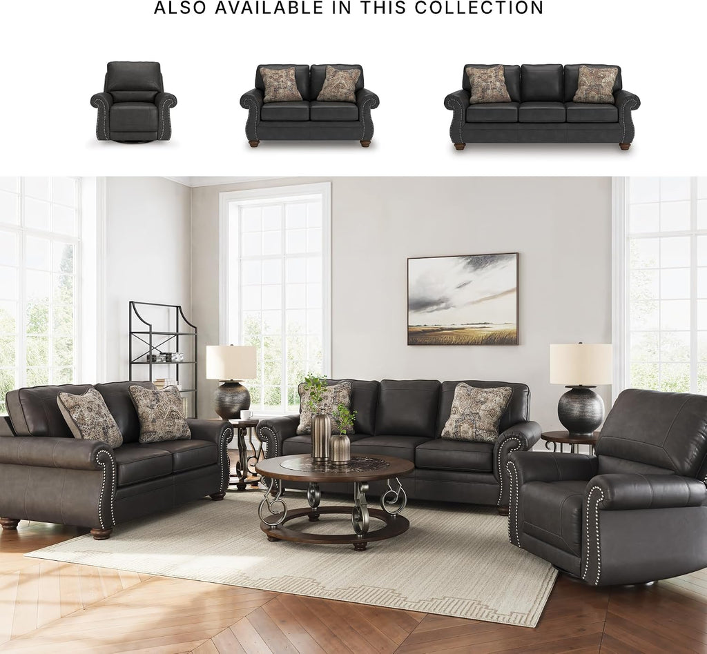 Signature Design by Ashley Shadsburne Classic Faux Leather Manual Rocker Swivel Glider Recliner with Nailhead Trim, Reinforced Frame and Metal Seat Box, 360-Degree Swivel, Black