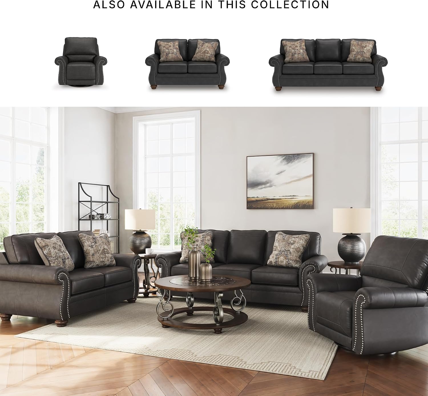 Signature Design by Ashley Shadsburne Classic Faux Leather Manual Rocker Swivel Glider Recliner with Nailhead Trim, Reinforced Frame and Metal Seat Box, 360-Degree Swivel, Black