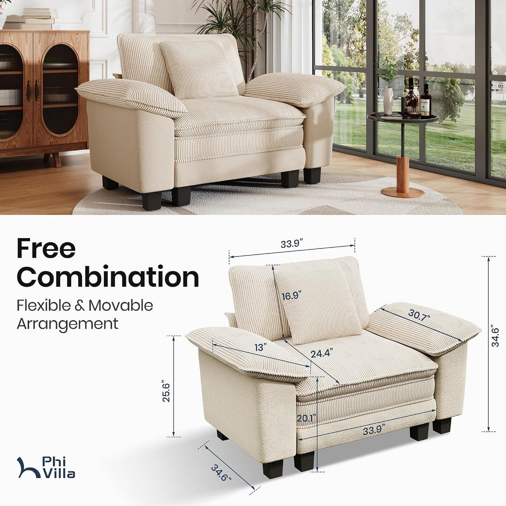 PHI VILLA Cloud Oversized Sectional Sofas, Single Sofa with Deep Seat for Living Room Reading Nook, Chenille Corduroy Dual Fabric, Beige