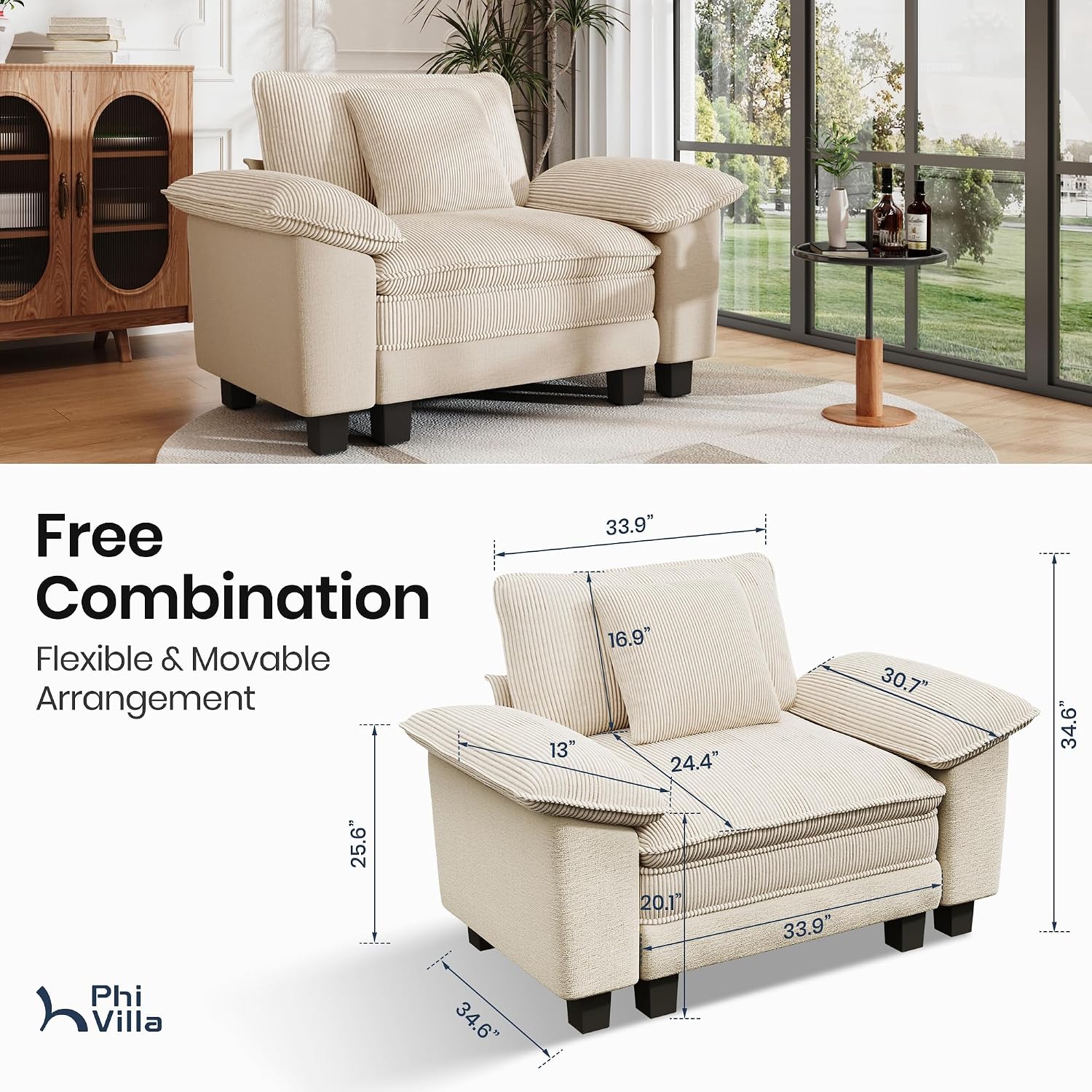 PHI VILLA Cloud Oversized Sectional Sofas, Single Sofa with Deep Seat for Living Room Reading Nook, Chenille Corduroy Dual Fabric, Beige