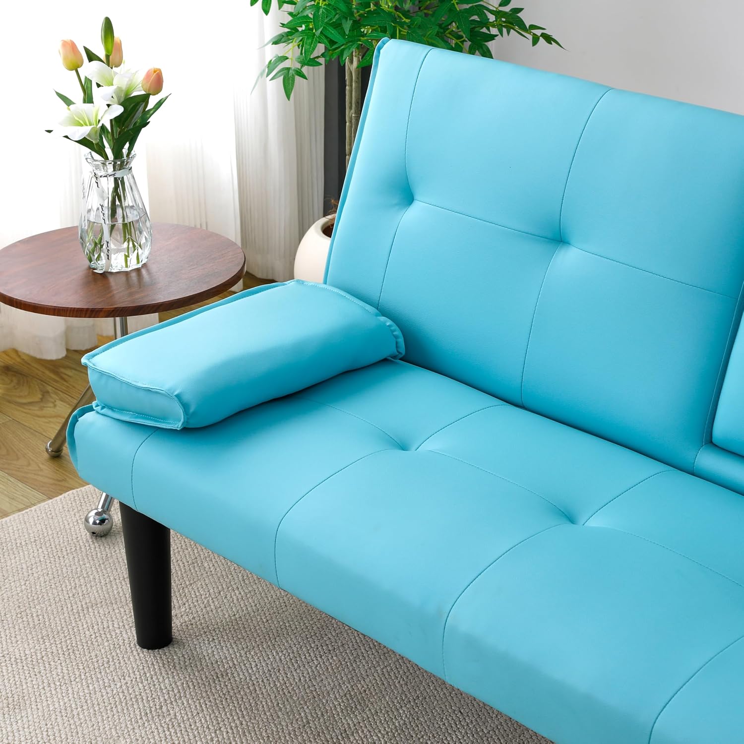 KEIKI 3 in 1 Convertible Sleeper Sofa Bed with Cup Holder, Futon Sofa Bed for Living Room, Dorm or Home Office, Blue