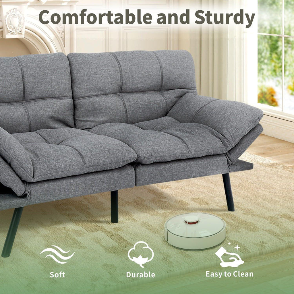 MUUEGM 71-Inch Futon Sofa Bed, Convertible Loveseat Sleeper | Airy Light Gray Linen | Adjustable Couch for Modern, Minimalist Spaces
