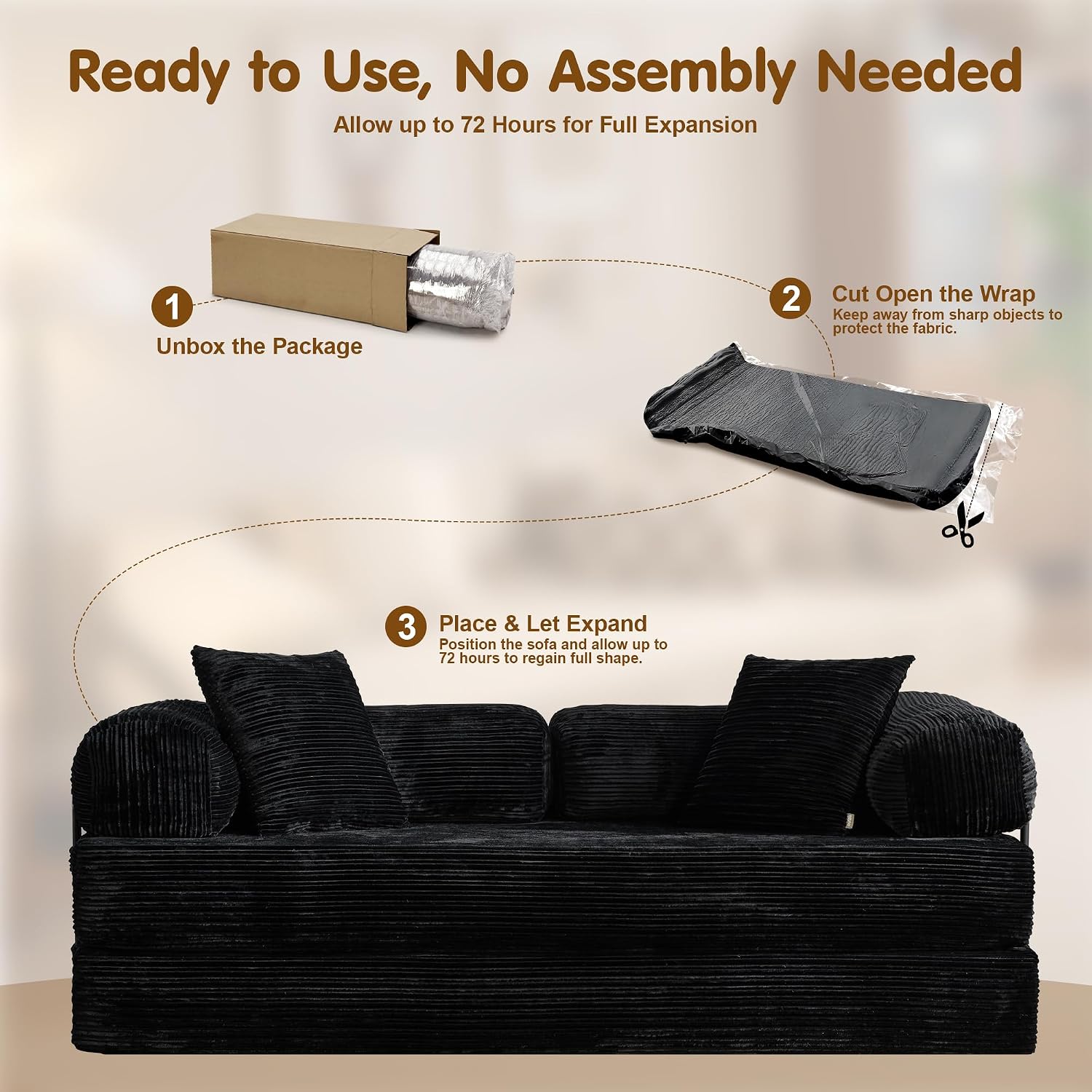 81″ Convertible Sleeper Sofa Bed with Pillows, Corduroy Foldable Mattress Couch with Fixed-Shape Frame, Futon Sofa Bed, Boneless Couch for Living Room Bedroom Lounge Studio, Black