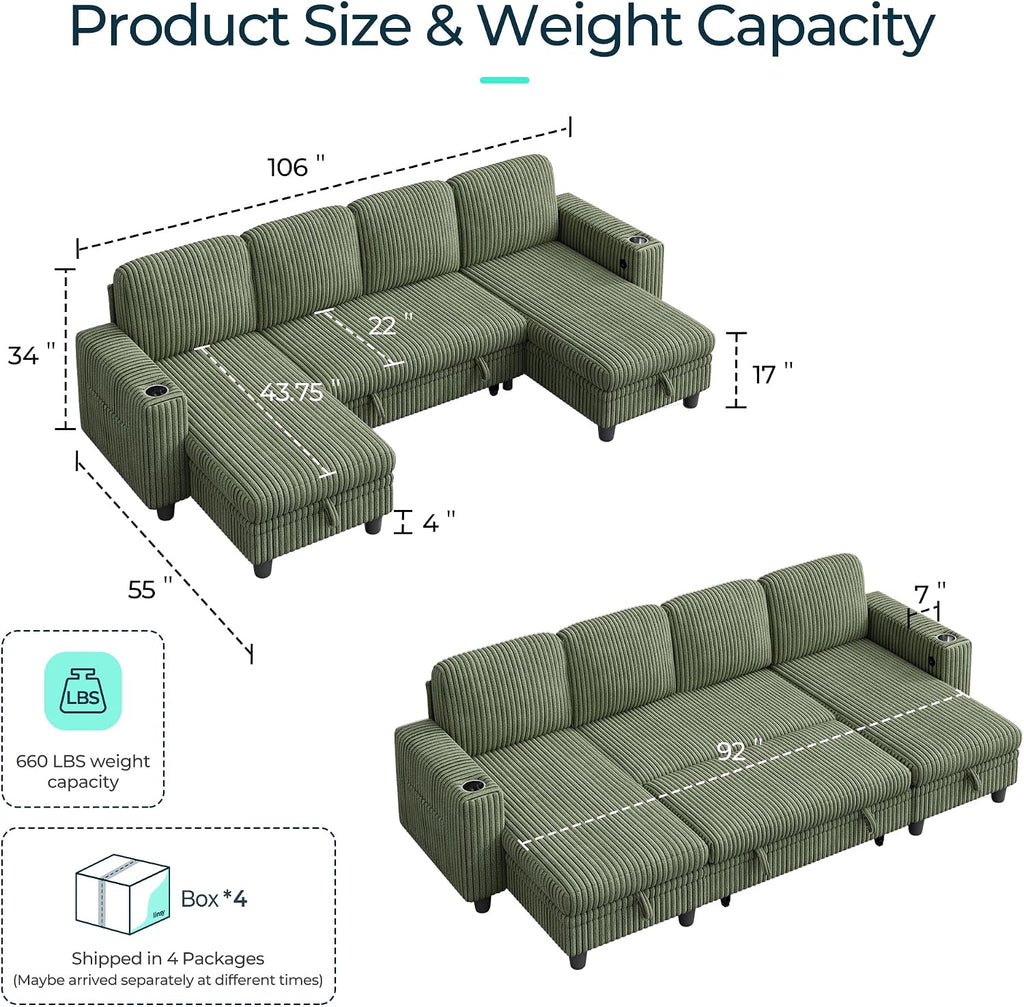 LINSY HOME Sectional Sleeper Sofa Pull Out Couches for Living Room (Green, Sleeper Sofa 3) | Pull Out Sofa Bed, Storage, USB Charging, Cup Holders, Plush Corduroy | Pull Out Sofa Bed, Storage, USB Charging, Cup Holders, Plush Corduroy