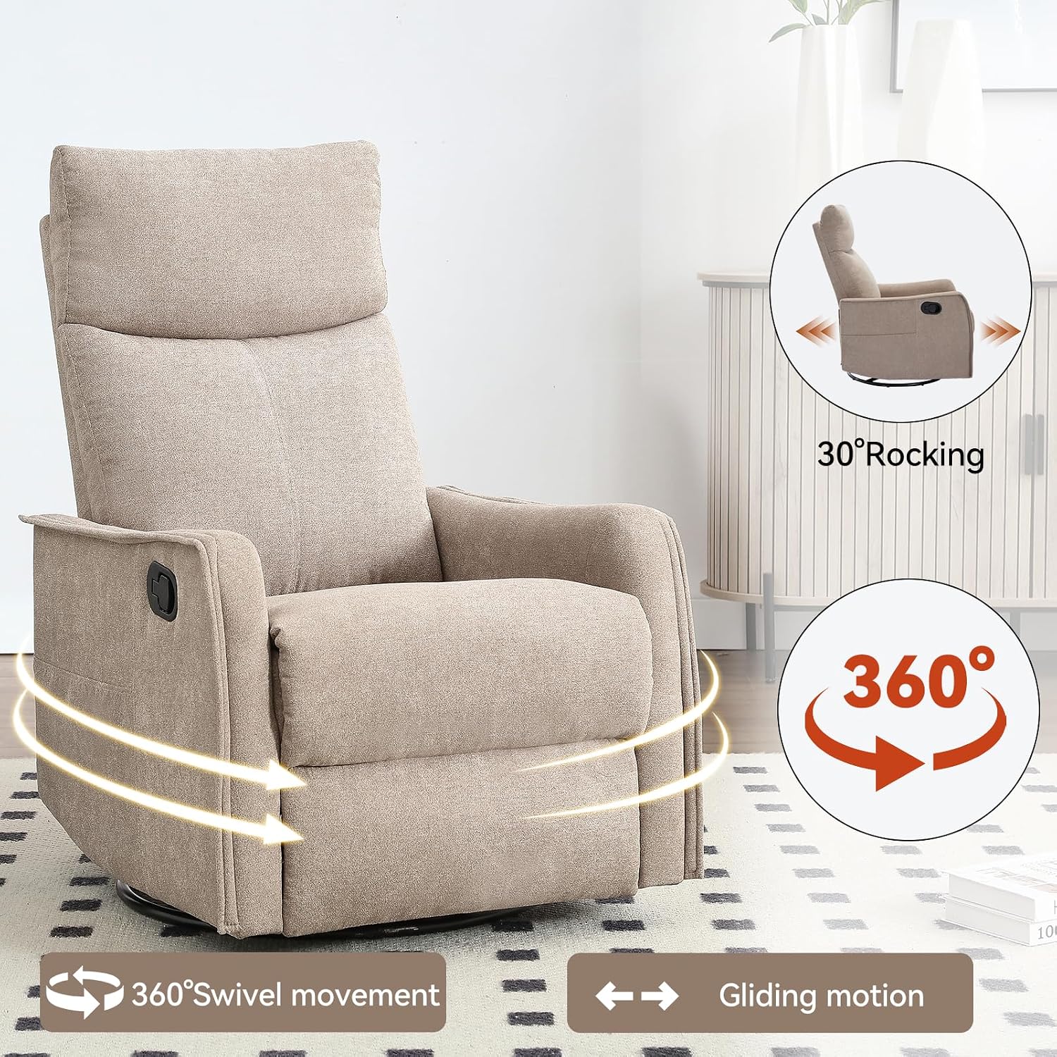 Anwick 360° Swivel Rocker Recliner Chair with Heat and Massage, Manual Upholstered Recliner for Small Spaces, Fabric Glider Nursery Chair with Side Pockets for Living Room (Khaki)