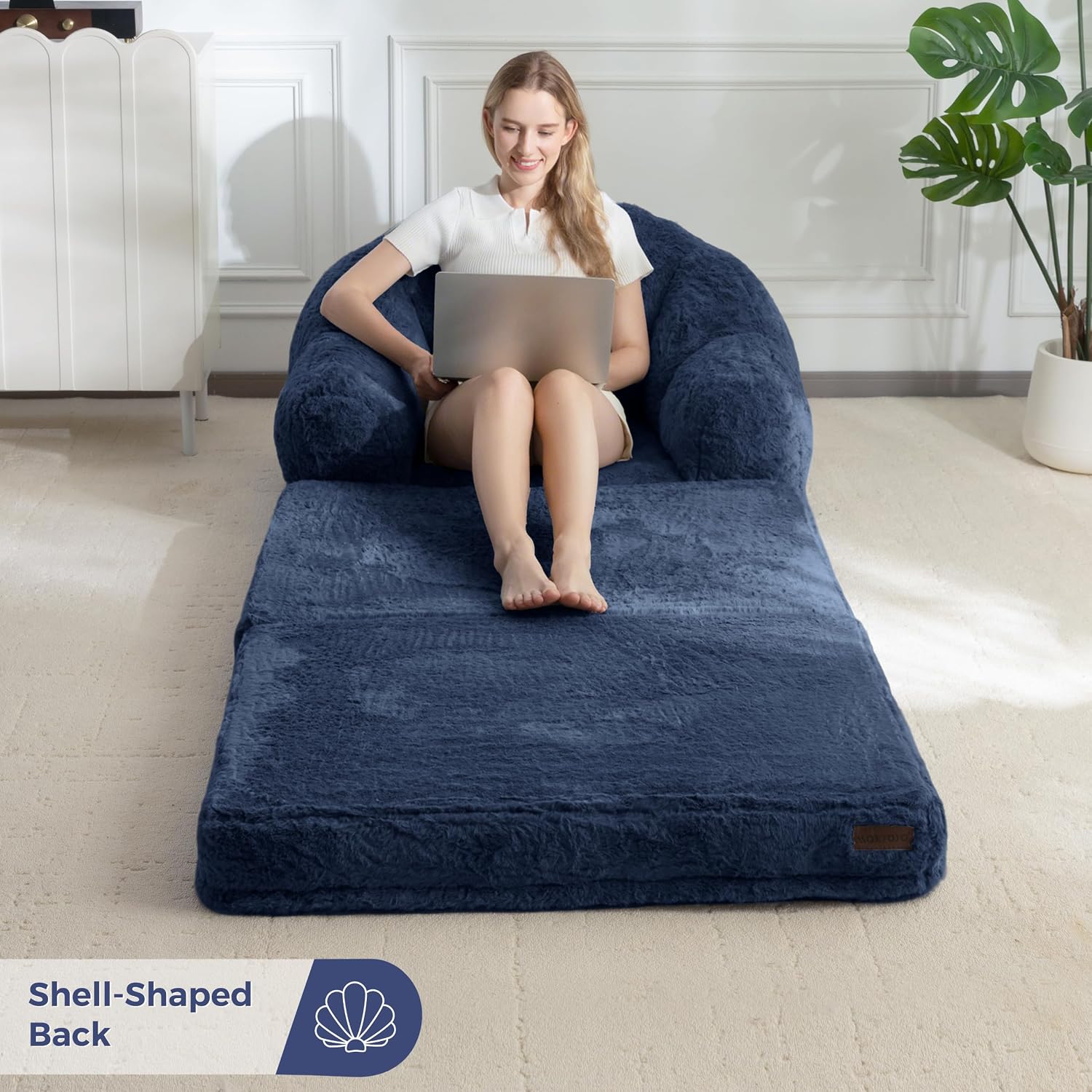 MAXYOYO Folding Sofa Bed, 2 in 1 Convertible Sofa to Lounger Comfy Single Bean Bag Chair for Adults, Floor Sleeper Couch with Handle, Faux Fur Couch Bed for Living Room Bedroom, Navy