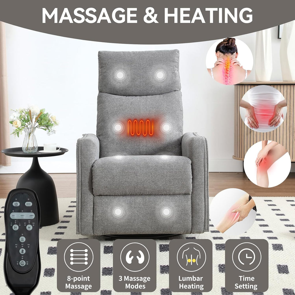 Anwick 360° Swivel Rocker Recliner Chair with Heat and Massage, Manual Upholstered Recliner for Small Spaces, Fabric Glider Nursery Chair with Side Pockets for Living Room (Grey)